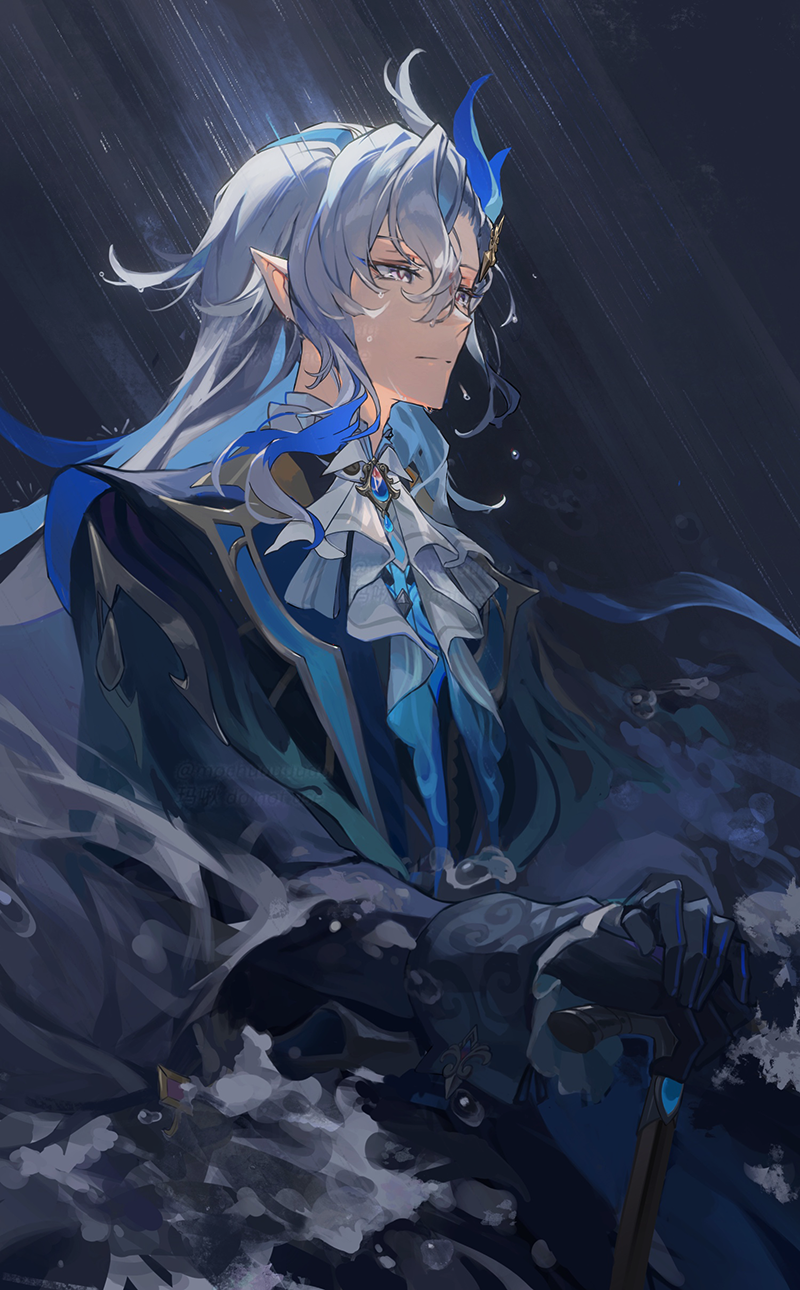 mochuuuuuuu, neuvillette (genshin impact), genshin impact, commentary request, duplicate, highres, pixel-perfect duplicate, 1boy, ascot, asymmetrical bangs, black gloves, blue coat, blue eyeliner, blue gemstone, blue hair, cane, closed mouth, coat, eyeliner, gem, gloves, holding, holding cane, lapels, long hair, long sleeves, makeup, male focus, multicolored hair, pointy ears, purple eyes, rain, streaked hair, white ascot, white hair