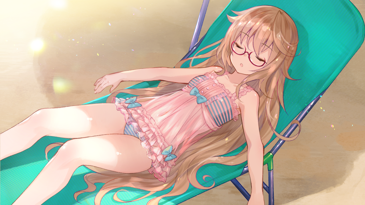 yumeutsutsu re:master, game cg, non-web source, official art, 1girl, :o, bikini, blue bikini, breasts, brown hair, chair, closed eyes, facing viewer, feet out of frame, frilled bikini, frills, glasses, long hair, lounge chair, lying, mugendo saki, on back, open mouth, red-framed eyewear, semi-rimless eyewear, small breasts, solo, swimsuit, under-rim eyewear, very long hair