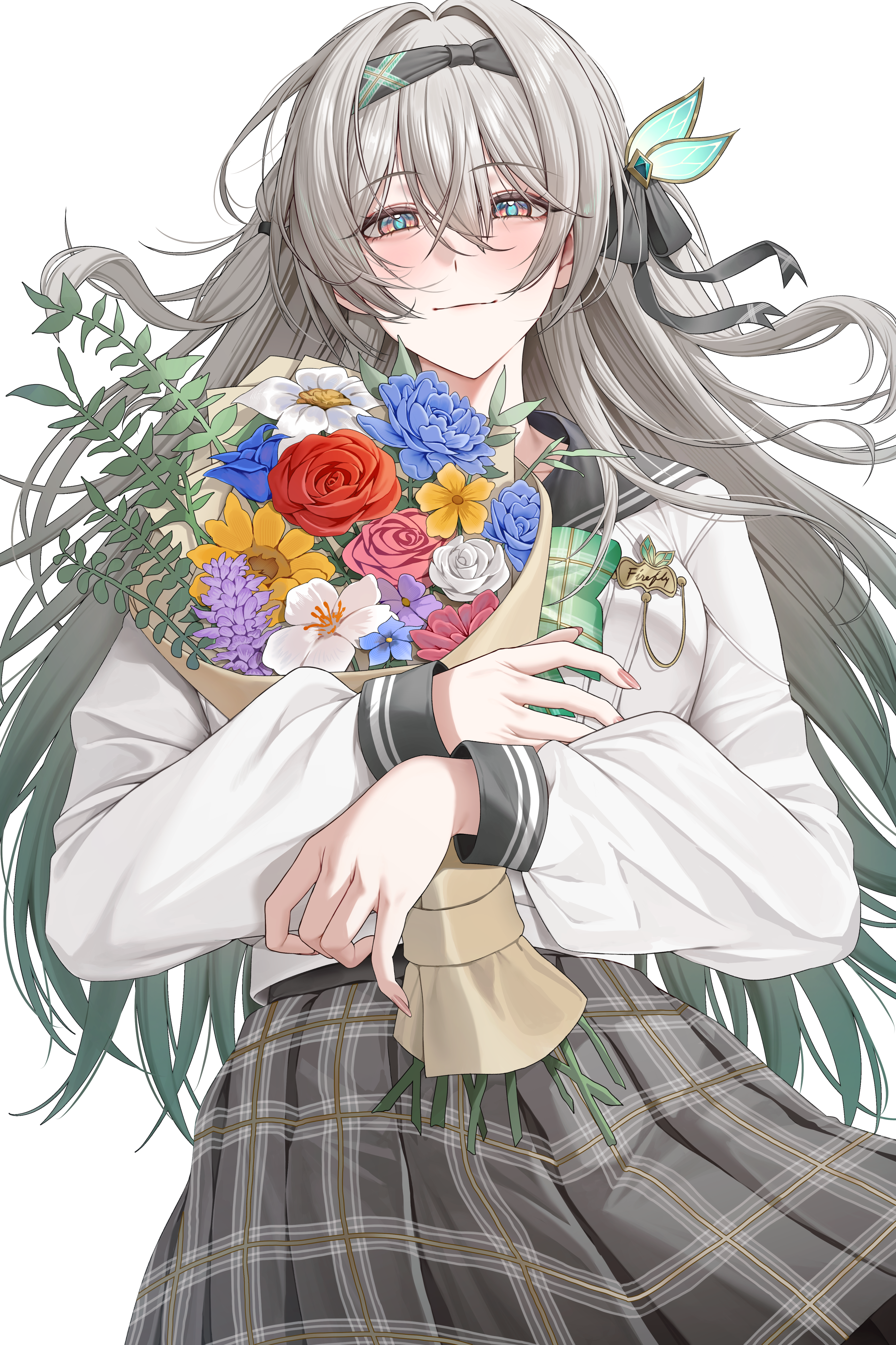 nompang, firefly (honkai: star rail), firefly (spring missive) (honkai: star rail), honkai: star rail, honkai (series), absurdres, commentary request, highres, korean commentary, 1girl, black hairband, blue pupils, blush, bouquet, breasts, colored tips, flower, green hair, grey hair, grey sailor collar, grey skirt, hairband, holding, holding bouquet, large breasts, looking at viewer, multicolored hair, official alternate costume, plaid clothes, plaid skirt, purple eyes, sailor collar, shirt, simple background, skirt, solo, white background, white shirt
