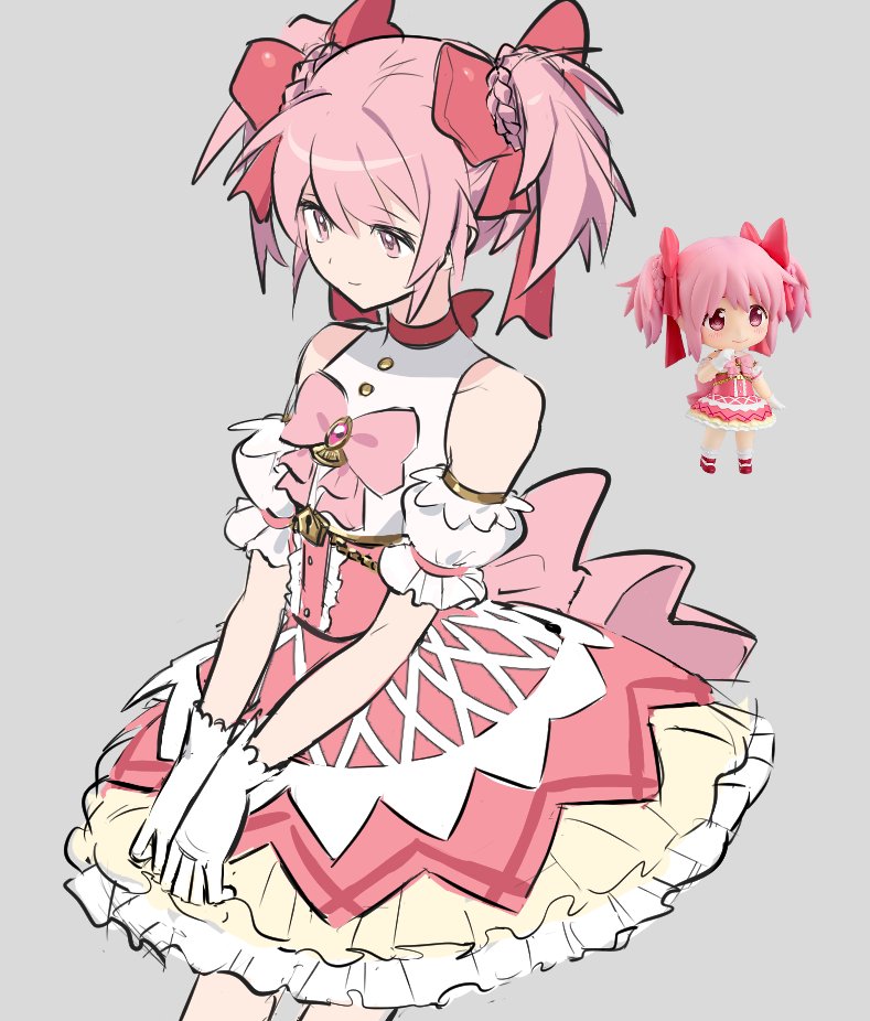 kaname madoka, mahou shoujo madoka magica, mahou shoujo madoka magica: walpurgis no kaiten, hashtag-only commentary, 1girl, back bow, bare shoulders, bow, bow choker, bowtie, brooch, center frills, choker, closed mouth, corset, cowboy shot, detached sleeves, dot nose, eyelashes, frilled skirt, frilled sleeves, frills, gem, gloves, gold buttons, grey background, hair bow, hands on lap, happy, jewelry, light smile, lock, looking ahead, magical girl, miniskirt, pink bow, pink bowtie, pink corset, pink eyes, pink gemstone, pink hair, pink skirt, point10day, puffy short sleeves, puffy sleeves, red bow, red choker, reference inset, shirt, short hair, short sleeves, short twintails, simple background, skirt, sleeveless, sleeveless shirt, solo, twintails, twintails with braided base, white gloves, white shirt, white sleeves