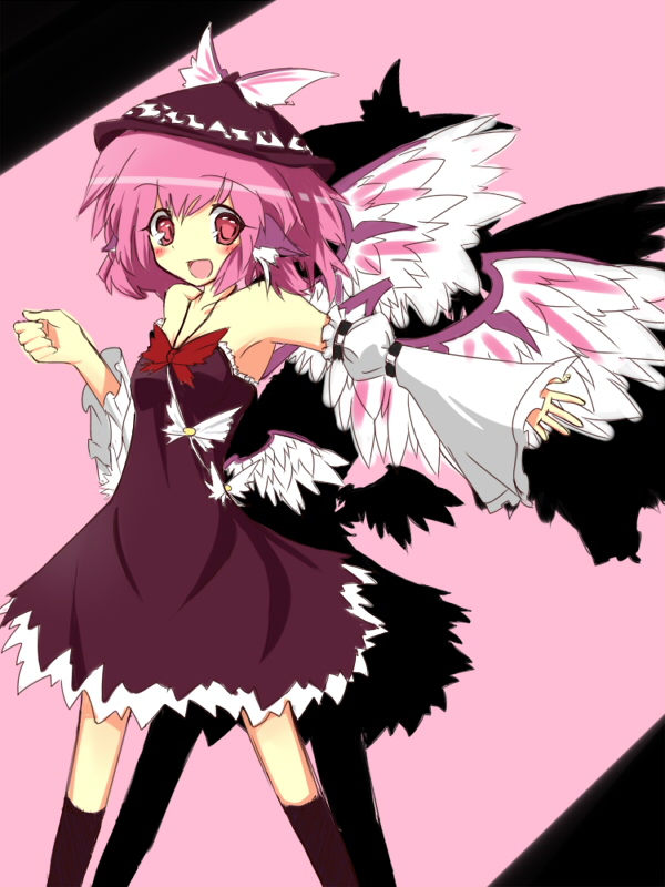 urimono, mystia lorelei, touhou, bad id, bad pixiv id, 1girl, animal ears, bare shoulders, blush, detached sleeves, female focus, hat, open mouth, pink eyes, pink hair, short hair, solo, wings