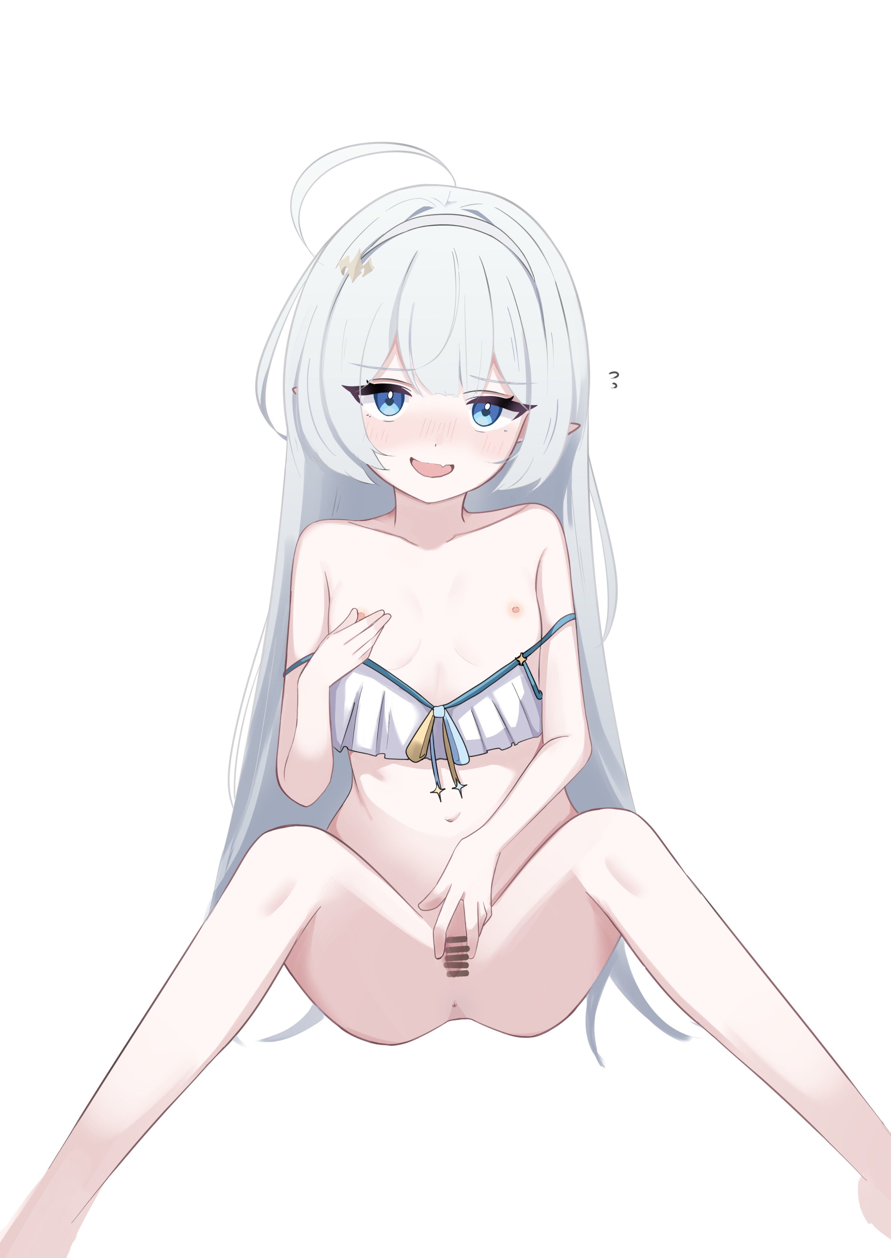 female tyrant (stella sora), tyrant (stella sora), stella sora, absurdres, commentary request, highres, female tyrant (swimsuit) (stella sora), flat chest, nipples, nude, white hair