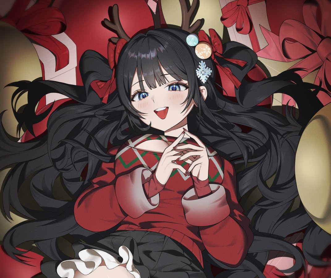 chyanu, shirayuki hina, stellive, hashtag-only commentary, 1girl, alternate costume, antlers, black hair, black skirt, blue eyes, bow, breasts, christmas, christmas ornaments in hair, christmas present, cleavage cutout, clothing cutout, cowboy shot, double-parted bangs, gift, hair bow, hair ornament, hands up, horns, large breasts, layered sleeves, long hair, long sleeves, nail polish, open mouth, red bow, red nails, red sweater, skirt, smile, snowflake hair ornament, solo, sweater, very long hair, virtual youtuber, wavy hair