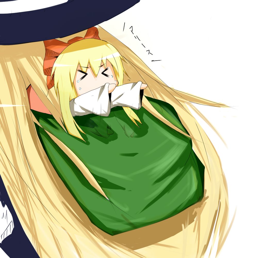 mantarou (shiawase no aoi tori), siawasenoaoitori, kirisame marisa, shanghai doll, touhou, bad id, bad pixiv id, translated, > <, 1girl, bag, blonde hair, bow, chibi, closed eyes, doll, dress, female focus, hair bow, hairband, in container, long hair, ribbon, solo