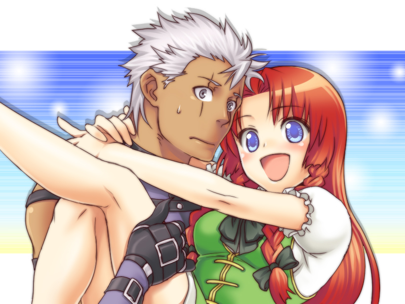esaka, hong meiling, krizalid, m.u.g.e.n, snk, the king of fighters, touhou, 1boy, 1girl, blue eyes, braid, china dress, chinese clothes, couple, crossover, dark-skinned male, dark skin, dress, hetero, long hair, red hair, short hair, twin braids, white hair