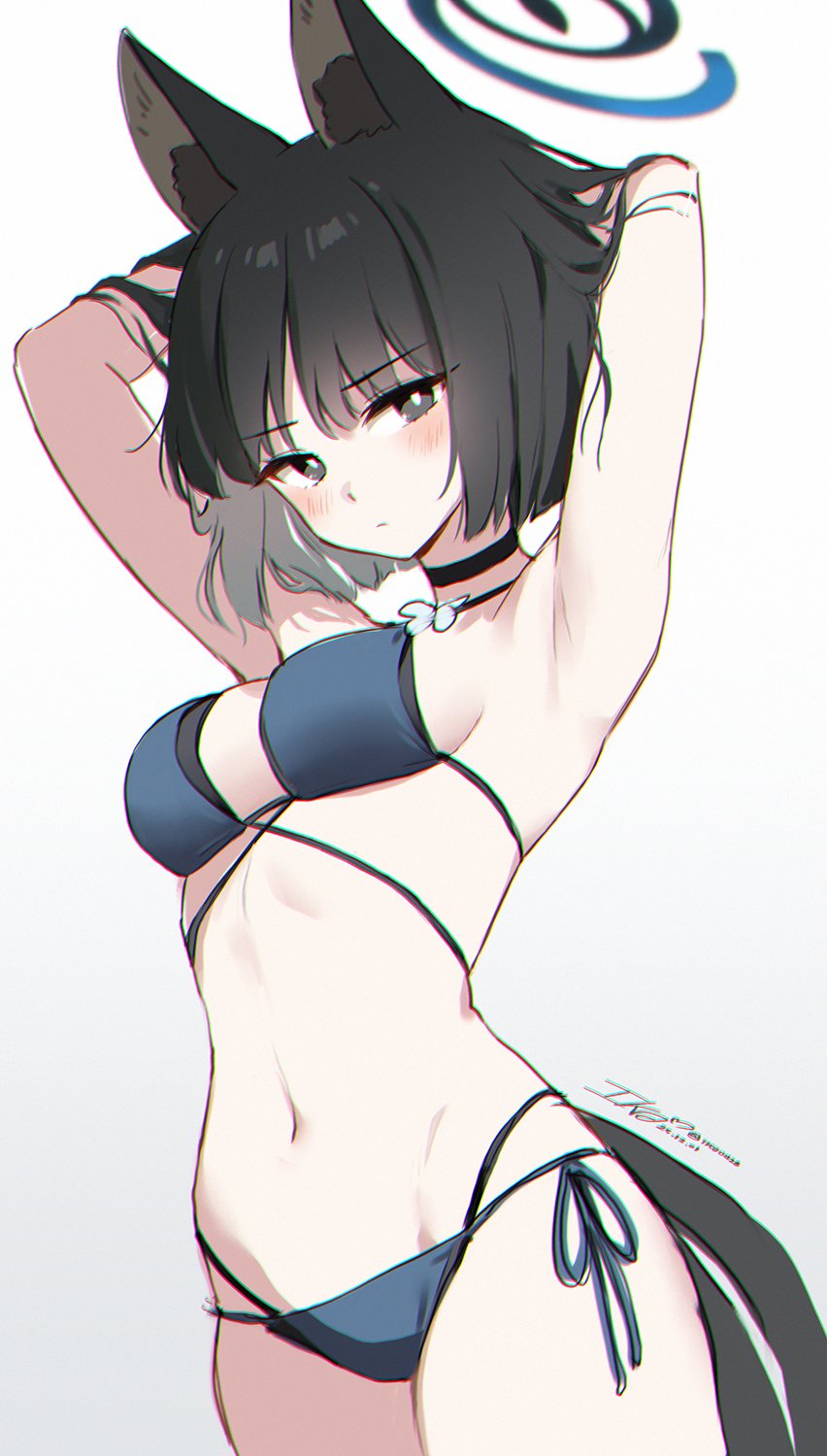 ika (4801055), kikyou (blue archive), kikyou (swimsuit) (blue archive), blue archive, commentary request, highres, 1girl, animal ear fluff, animal ears, armpits, arms up, artist name, bikini, black choker, black eyes, black hair, blue bikini, bob cut, breasts, bright pupils, choker, cowboy shot, halo, layered bikini, looking at viewer, medium breasts, multi-strapped bikini bottom, navel, short hair, side-tie bikini bottom, signature, simple background, solo, standing, stomach, swimsuit, white background, white pupils