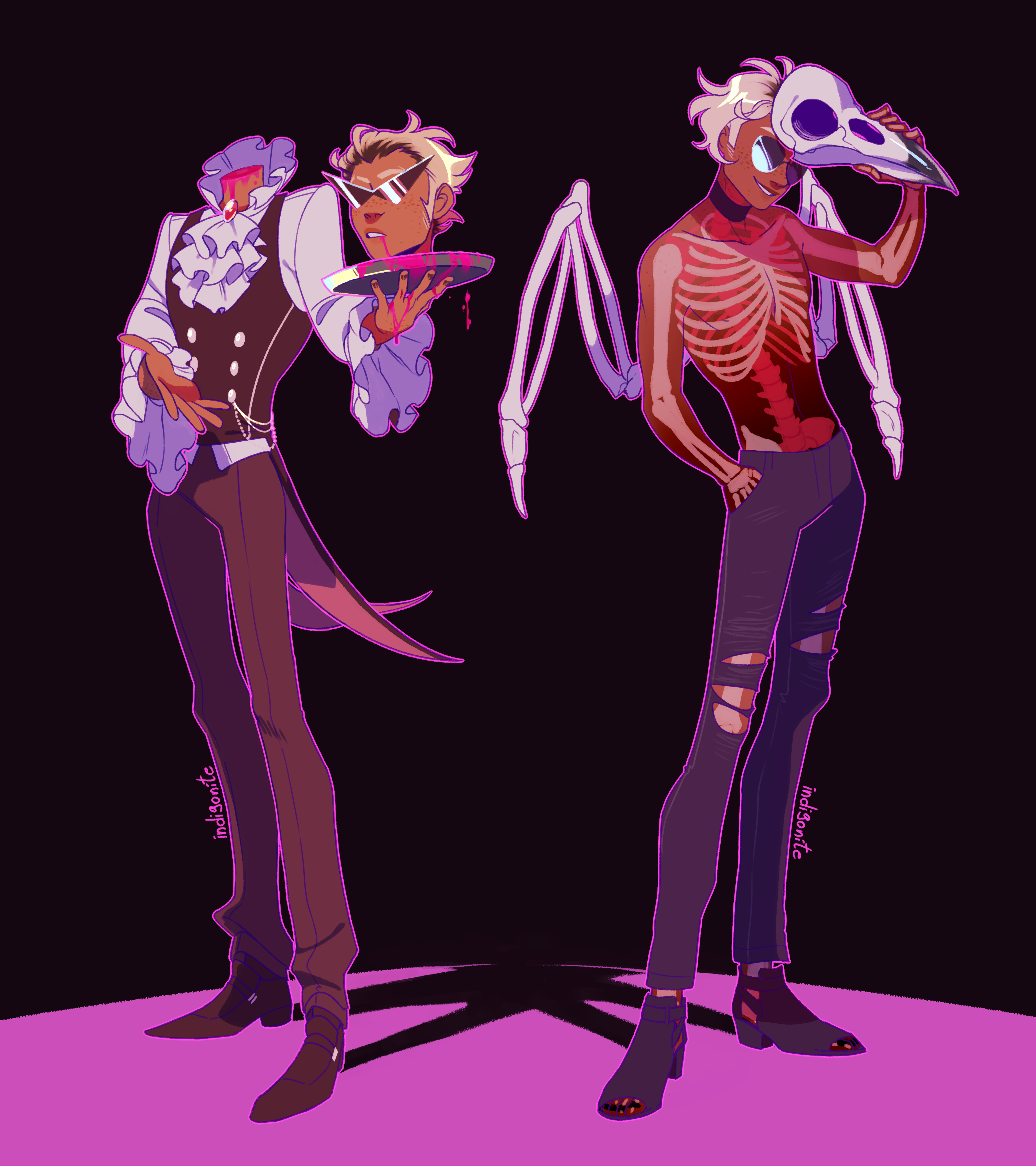 indigonite, dave strider, dirk strider, homestuck, absurdres, commentary, english commentary, highres, 2boys, animal skull, ascot, bird skull, black background, black choker, black nails, black pants, black roots, black shoes, blonde hair, blood, brown pants, chain, choker, dark-skinned male, dark skin, exposed bone, frilled sleeves, frills, frown, full body, gem, hand in pocket, holding, holding detached head, holding skull, looking at viewer, male focus, multicolored hair, multiple boys, open mouth, outline, outstretched hand, pants, pink background, pink blood, pink outline, red gemstone, red shirt, roots (hair), shadow, shirt, shoes, short hair, skeletal wings, skeleton, skull, smile, sunglasses, tailcoat, torn clothes, torn pants, triangle eyewear, vampire costume, white wings, wings