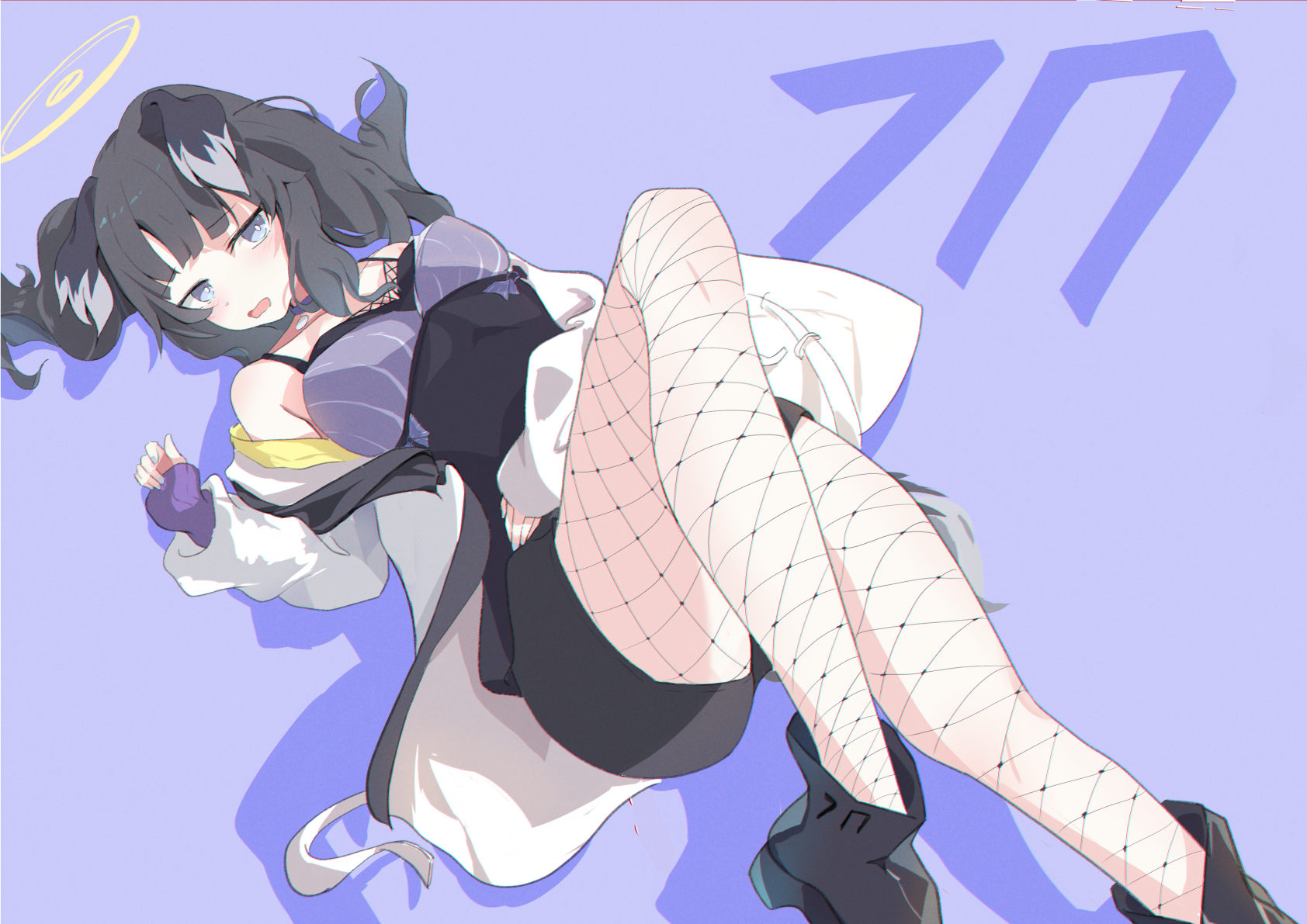 hibiki (blue archive), blue archive, commentary request, highres, 1girl, animal ears, black hair, dog ears, dog girl, halo, long hair, looking at viewer, simple background, solo, syuuka-kazane, thighs, yellow halo