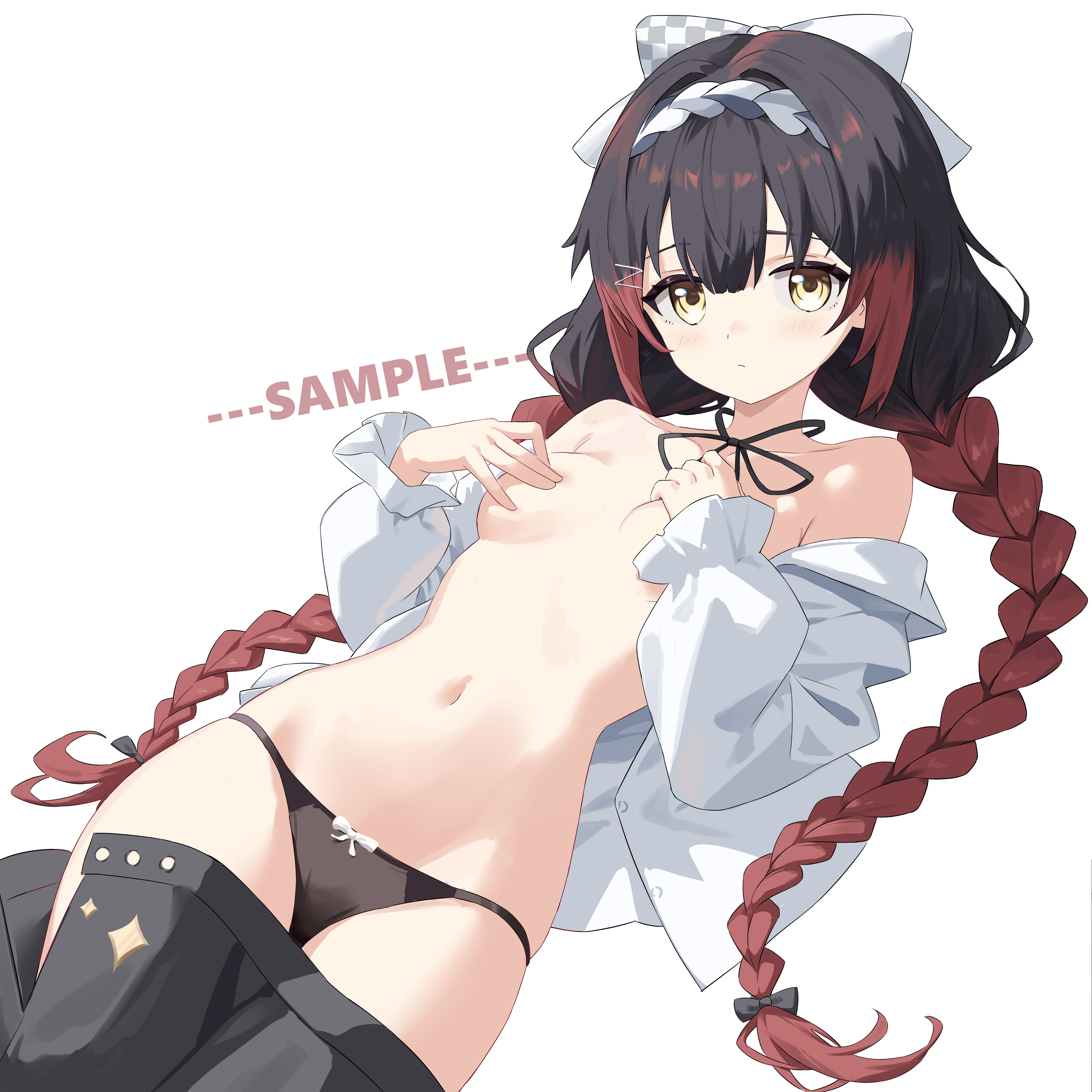 youtanhuayuan255, original, absurdres, check copyright, chinese commentary, commentary request, copyright request, highres, 1girl, black bow, black hair, black panties, black skirt, bow, braid, breasts, closed mouth, clothes pull, covering nipples, covering privates, cowboy shot, hair between eyes, hair ornament, hair ribbon, hairband, light blush, long hair, looking at viewer, lying, multicolored hair, navel, on back, panties, red hair, ribbon, sample watermark, shirt partially removed, simple background, skirt, skirt pull, small breasts, solo, topless female, twin braids, two-tone hair, underwear, watermark, white background, white hairband, white ribbon, yellow eyes