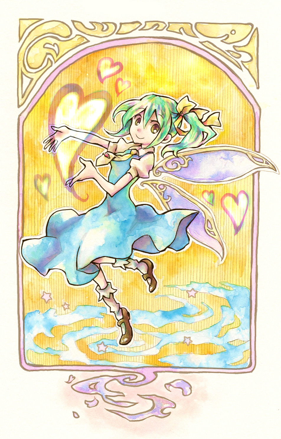 shinoasa, daiyousei, embodiment of scarlet devil, touhou, highres, 1girl, female focus, full body, green hair, heart, solo, wings