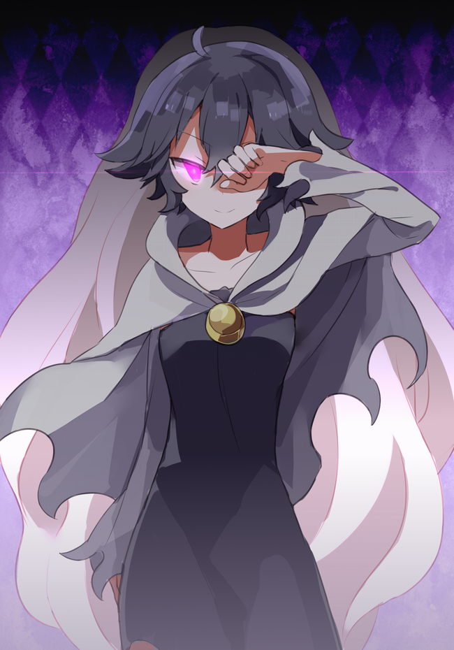 makino (727me727), refrain no chika meikyuu to majo no ryodan, commentary request, 2girls, ahoge, argyle background, arm up, black dress, black hair, blonde hair, breasts, brooch, capelet, collarbone, diamond (shape), dress, glowing, glowing eye, hair between eyes, hand over eye, isara (majo no ryodan), jewelry, light trail, long hair, looking at viewer, multiple girls, one eye covered, purple background, purple eyes, short hair, skinny, small breasts, smile, velnya, white capelet, white hair