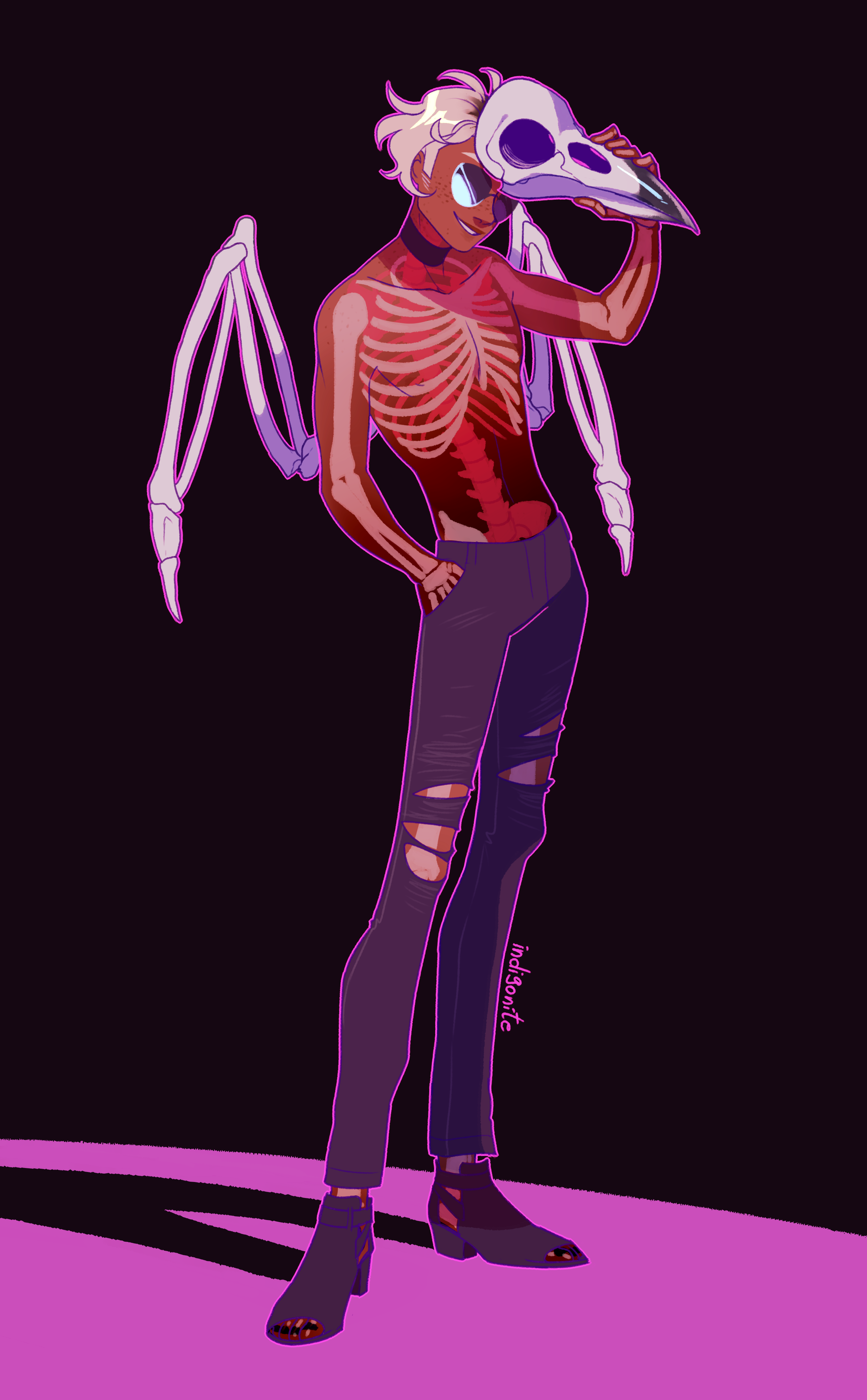 indigonite, dave strider, homestuck, absurdres, commentary, english commentary, highres, 1boy, animal skull, bird skull, black background, black choker, black nails, black pants, black roots, black shoes, blonde hair, blood, choker, dark-skinned male, dark skin, exposed bone, full body, hand in pocket, holding, holding skull, looking at viewer, male focus, multicolored hair, multiple boys, open mouth, outline, outstretched hand, pants, pink background, pink blood, pink outline, red shirt, roots (hair), shadow, shirt, shoes, short hair, skeletal wings, skeleton, skull, smile, solo, sunglasses, torn clothes, torn pants, white wings, wings