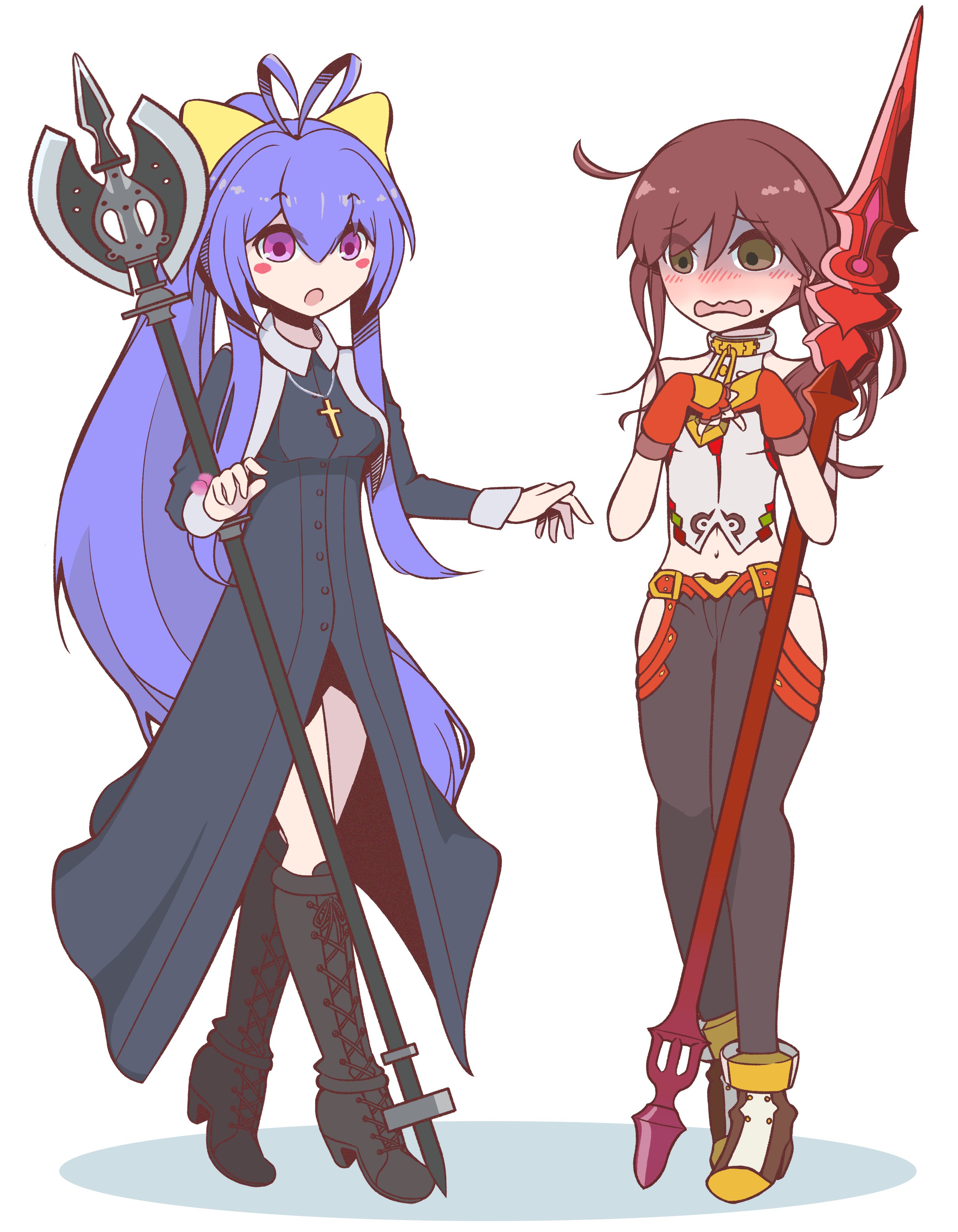mokujhin, mai natsume, noel (tsukihime), blazblue, melty blood, melty blood: type lumina, tsukihime, tsukihime (remake), absurdres, commentary, english commentary, highres, 2girls, ahoge, antenna hair, bare shoulders, blush, blush stickers, boots, bow, breasts, brown hair, cosplay, costume switch, cross, cross necklace, crossover, embarrassed, fingerless gloves, gloves, halterneck, high heels, jewelry, long hair, lowleg, lowleg pants, mai natsume (cosplay), midriff, mole, mole under mouth, multiple girls, necklace, noel (tsukihime) (cosplay), nun, pants, polearm, ponytail, purple eyes, purple hair, revealing clothes, side ponytail, spear, standing, very long hair, weapon, wing collar
