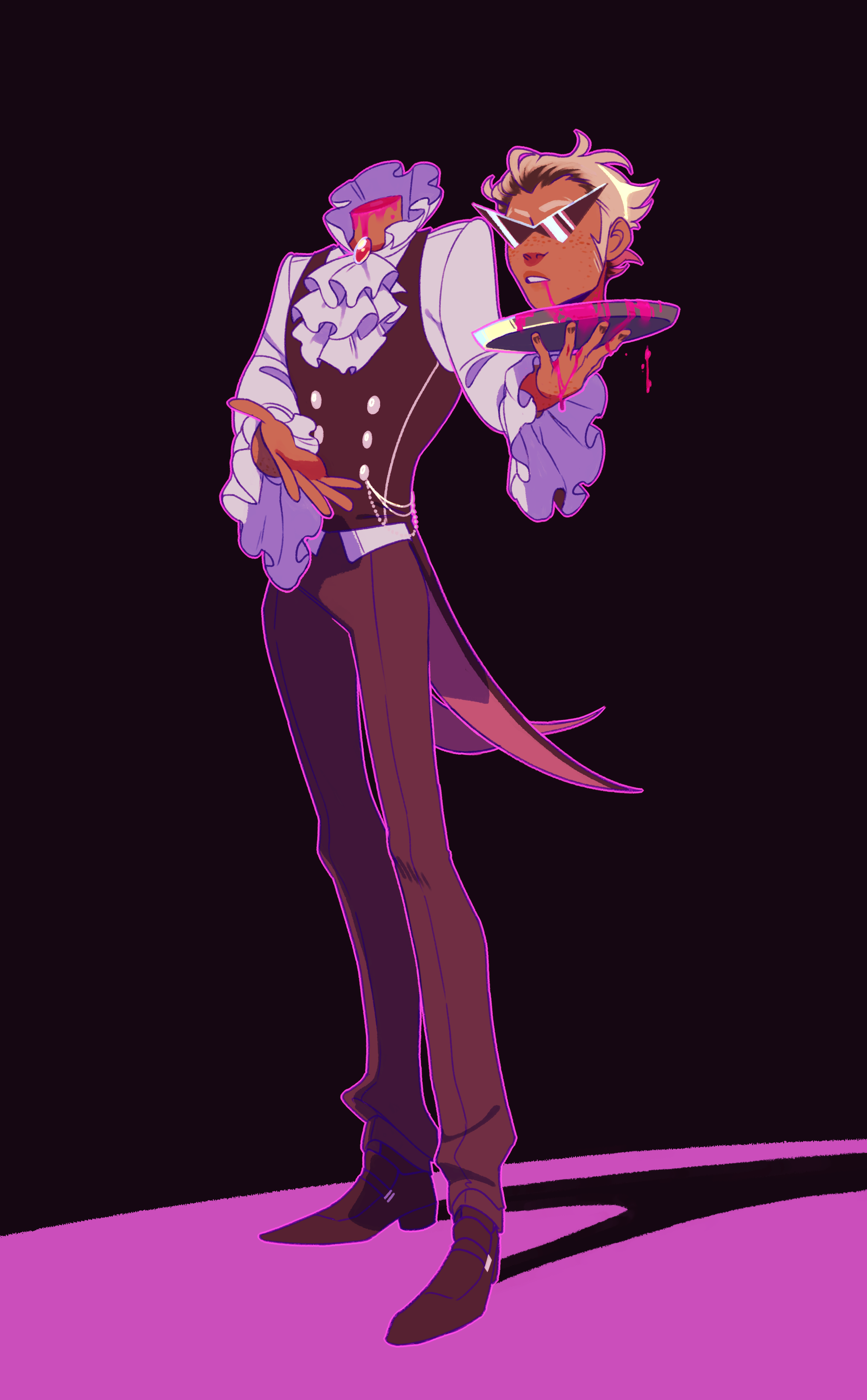 indigonite, dirk strider, homestuck, absurdres, commentary, english commentary, highres, 1boy, ascot, black background, black pants, black roots, blonde hair, blood, brown pants, brown shoes, chain, dark-skinned male, dark skin, frilled sleeves, frills, frown, full body, gem, holding, holding detached head, looking at viewer, male focus, multicolored hair, open mouth, outline, outstretched hand, pants, pink background, pink blood, pink outline, red gemstone, roots (hair), shadow, shirt, shoes, short hair, solo, sunglasses, tailcoat, triangle eyewear, vampire costume