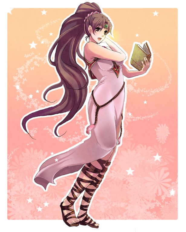 linde (fire emblem), fire emblem, fire emblem: mystery of the emblem, nintendo, 1girl, book, female focus, gladiator sandals, long hair, ponytail, sandals, solo, very long hair