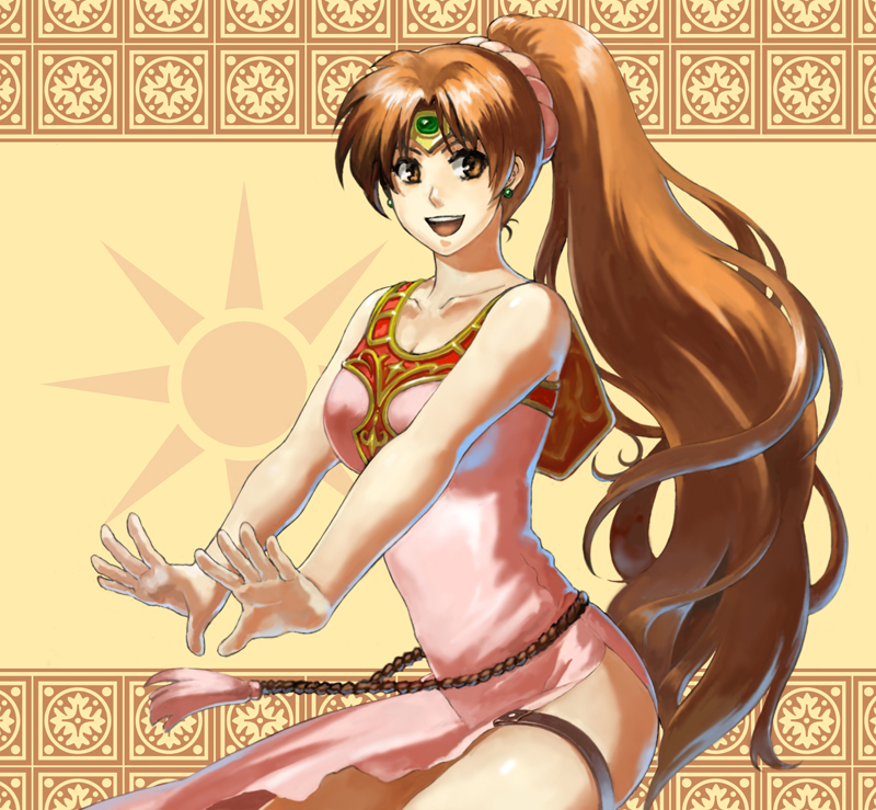 maruchi (zens24), linde (fire emblem), fire emblem, fire emblem: mystery of the emblem, fire emblem: shadow dragon, nintendo, 1girl, :d, brown eyes, brown hair, circlet, dress, earrings, female focus, jewelry, long hair, no panties, open mouth, ponytail, side slit, sleeveless, smile, solo, thigh strap, very long hair
