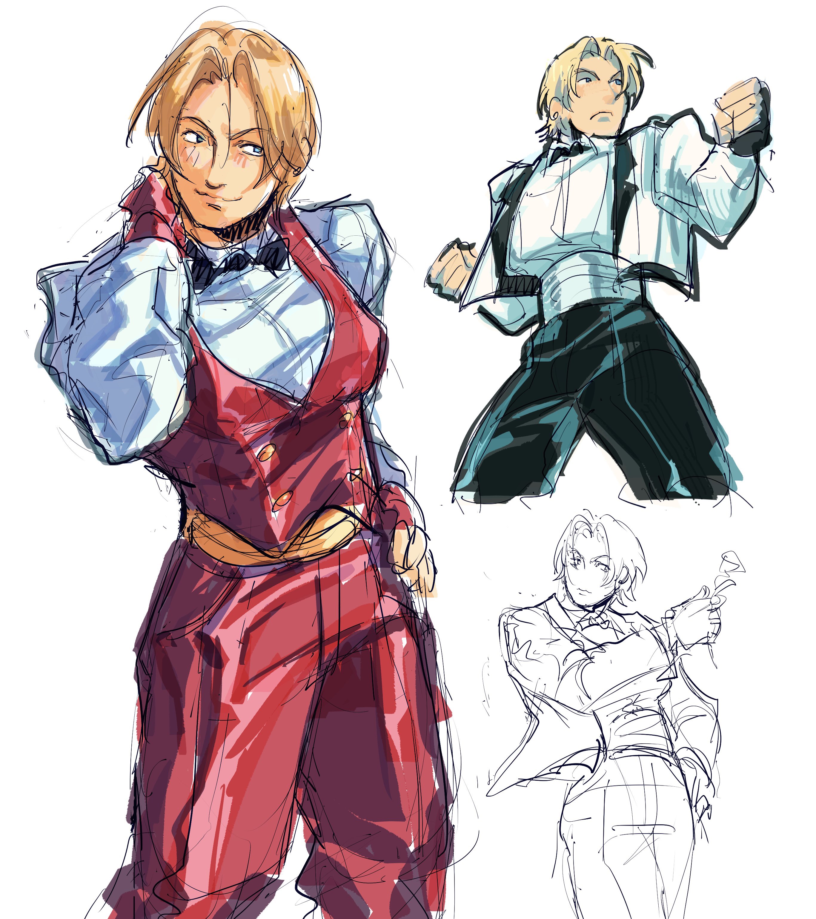 king (snk), the king of fighters, 1girl, lemon1034, blue eyes, bow, bowtie, breasts, female focus, formal clothes, gloves, large breasts, long sleeves, shirt, short hair, smile, suit, thick thighs, thighs, tuxedo, white shirt