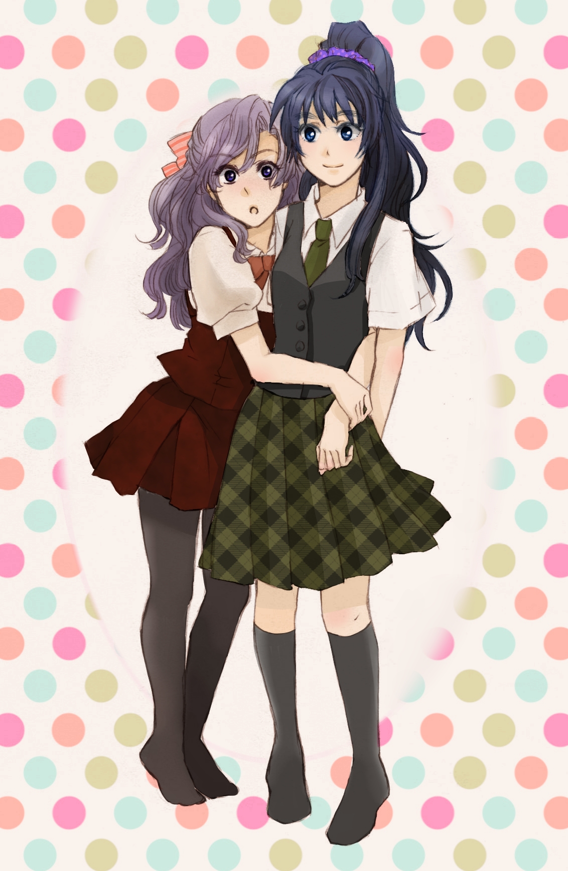 kasasagi (petarpan), petarpan, light purple hair, bad id, bad pixiv id, highres, 2girls, blue eyes, blue hair, bow, dress, hair tie, hug, kneehighs, multiple girls, necktie, pantyhose, pinafore dress, plaid clothes, plaid skirt, polka dot, polka dot background, ponytail, skirt, sleeveless, sleeveless dress, socks, vest
