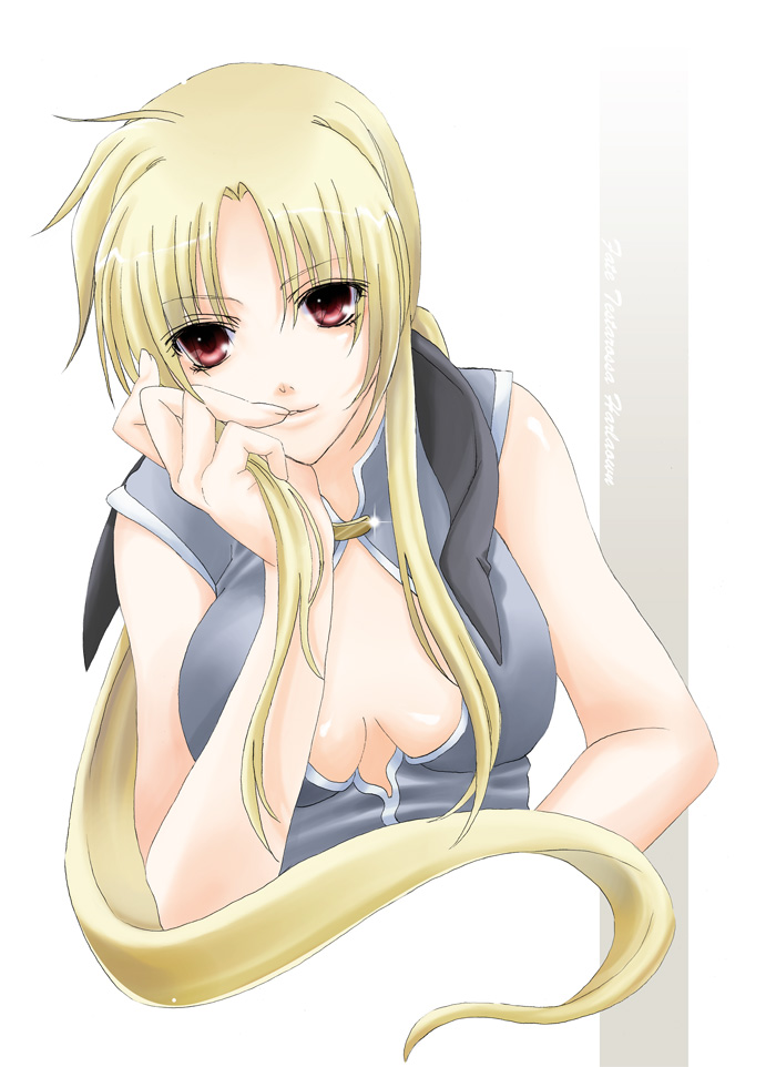 lina (interlude), fate testarossa, lyrical nanoha, mahou shoujo lyrical nanoha, mahou shoujo lyrical nanoha strikers, 00s, 1girl, artistic error, blonde hair, breasts, cleavage, female focus, large breasts, long hair, red eyes, solo