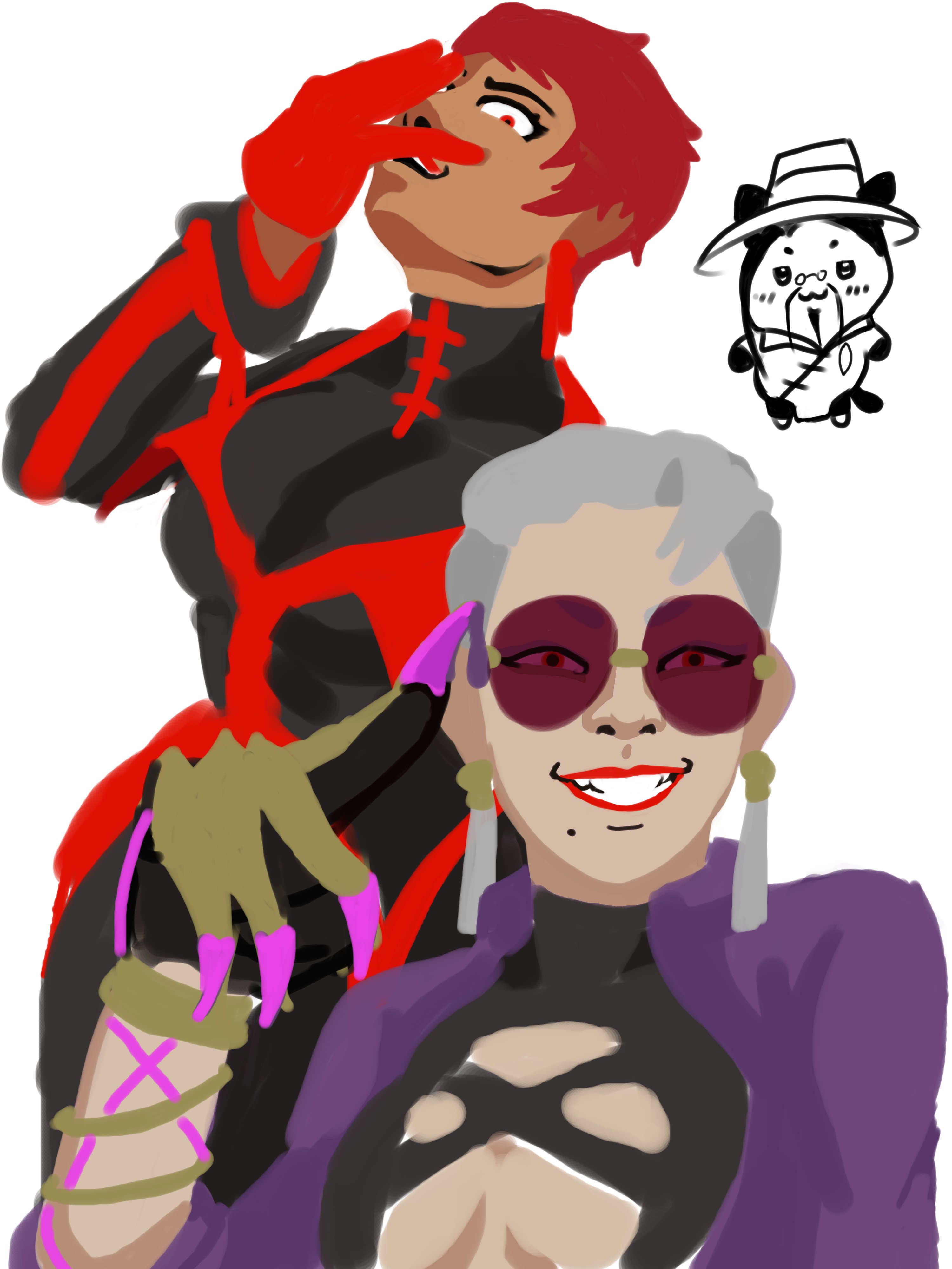 a.k.i. (street fighter), vice (kof), street fighter, the king of fighters, 2girls, breasts, dark-skinned female, dark skin, dress, female focus, kamenichiban, large breasts, looking at viewer, multiple girls, red eyes, red hair, short hair, tan