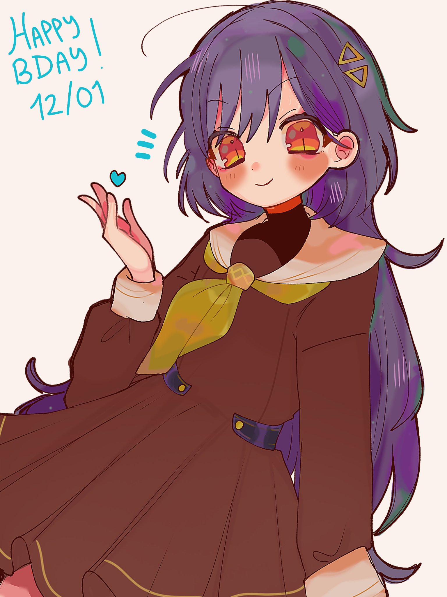 col person, katsuragi izumi, link! like! love live!, love live!, commentary, highres, symbol-only commentary, 1girl, black hair, brown dress, dated, dress, hair ornament, happy birthday, hasu no sora school uniform, heart, jellyfish cut, long hair, long sleeves, looking at viewer, neckerchief, orange eyes, pleated dress, sailor collar, sailor dress, school uniform, short dress, slit pupils, solo, triangle hair ornament, turtleneck, virtual youtuber, white sailor collar, winter uniform, yellow neckerchief