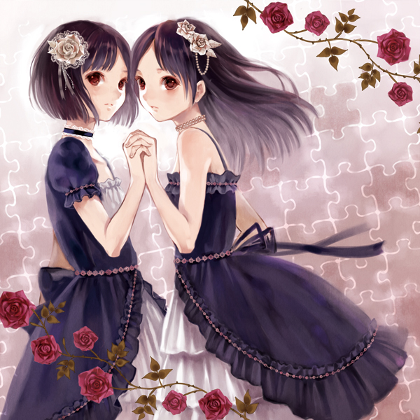 fukahire (ruinon), original, bad id, bad pixiv id, 2girls, album cover, black hair, brown eyes, choker, cover, dress, flower, from side, gem, hair ornament, holding hands, looking at viewer, multiple girls, pearl (gemstone), puzzle, rose, short sleeves, siblings, sisters, twins