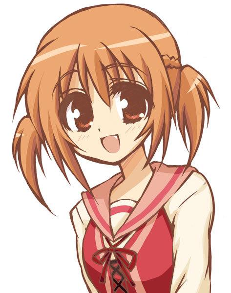 hyuuga kizuna, strawberry panic!, third-party edit, 00s, 1girl, brown eyes, brown hair, fang, female focus, open mouth, school uniform, simple background, solo, white background