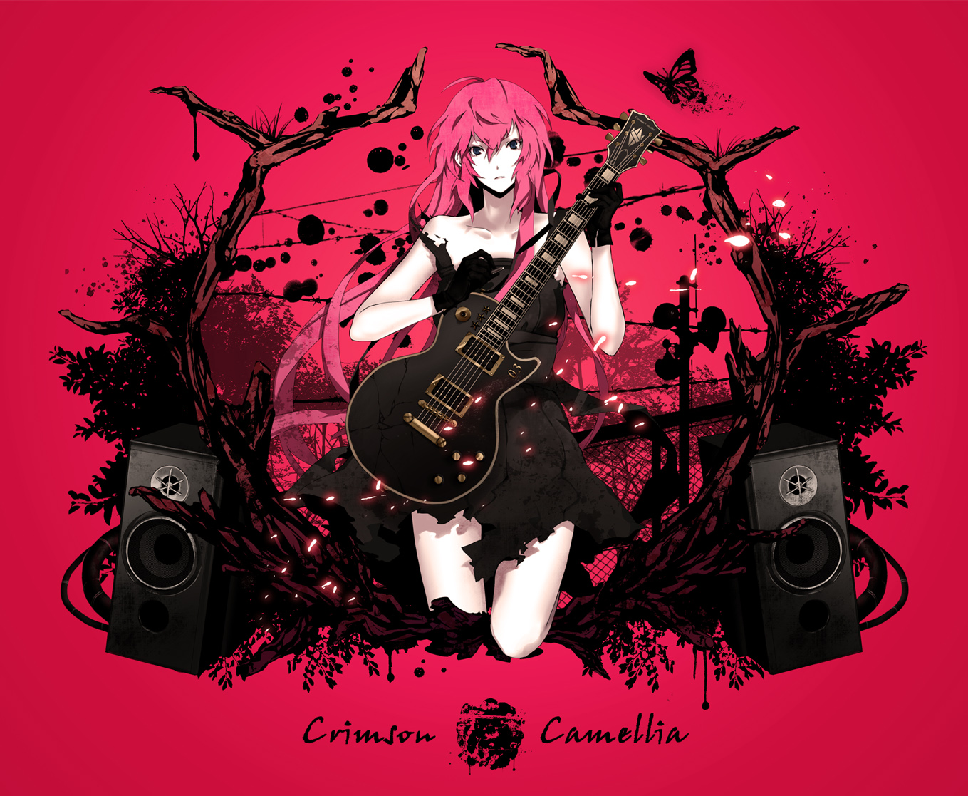 arisaka ako, megurine luka, crimson camellia (vocaloid), vocaloid, bad id, bad pixiv id, 1girl, bug, butterfly, dress, electric guitar, female focus, gibson les paul, gloves, guitar, insect, instrument, long hair, petals, solo, speaker, very long hair