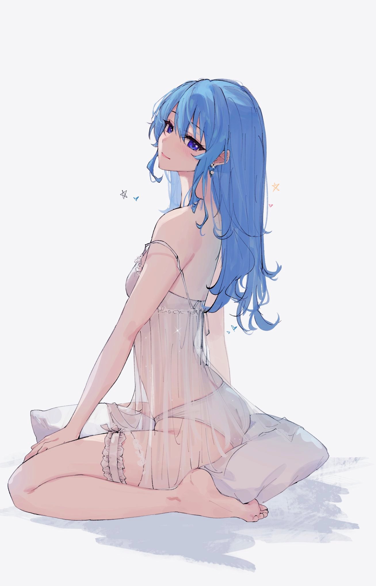 feint721, hoshimachi suisei, hololive, highres, revision, 1girl, alternate costume, babydoll, bare legs, bare shoulders, barefoot, blue hair, bra, breasts, earrings, feet, frilled thigh strap, from side, full body, grey background, hair between eyes, hair down, head tilt, holding, holding own hair, jewelry, legs, long hair, panties, parted lips, pillow, purple eyes, sidelocks, sitting, small breasts, soles, solo, strap slip, thigh strap, toes, underwear, virtual youtuber, white babydoll, white bra, white panties