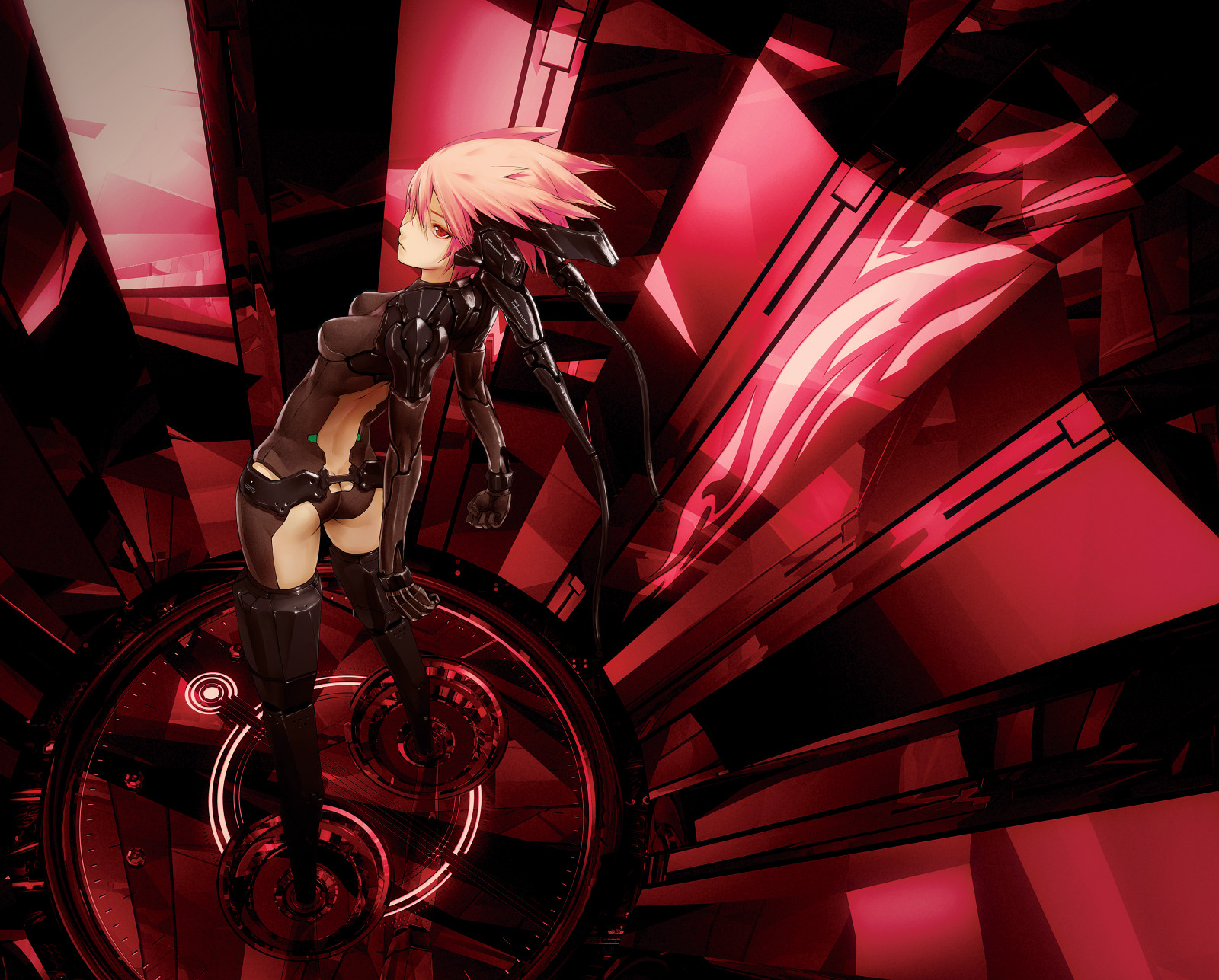 redjuice, original, highres, md5 mismatch, resolution mismatch, source larger, 1girl, arched back, back, bare back, bodysuit, female focus, from above, from behind, glowing, looking back, pink hair, red eyes, red theme, short hair, solo, thighhighs