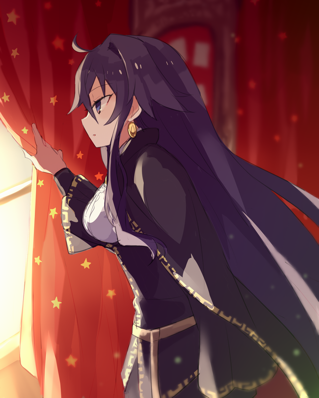 makino (727me727), dronia (majo no ryodan), refrain no chika meikyuu to majo no ryodan, commentary request, 1girl, ahoge, belt, black hair, breasts, cape, collar, collared cape, curtain grab, curtains, earrings, gold trim, jewelry, large breasts, long hair, long sidelocks, long sleeves, open mouth, purple eyes, sidelocks, single earring, solo, window