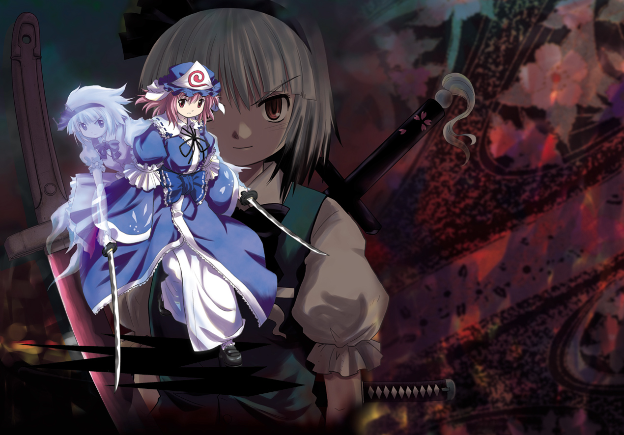 haniwa, haniwa (leaf garden), konpaku youmu, konpaku youmu (ghost), saigyouji yuyuko, touhou, silver hair, 2girls, dual wielding, female focus, ghost, hairband, hat, hitodama, holding, katana, multiple girls, pink hair, red eyes, short hair, sword, weapon