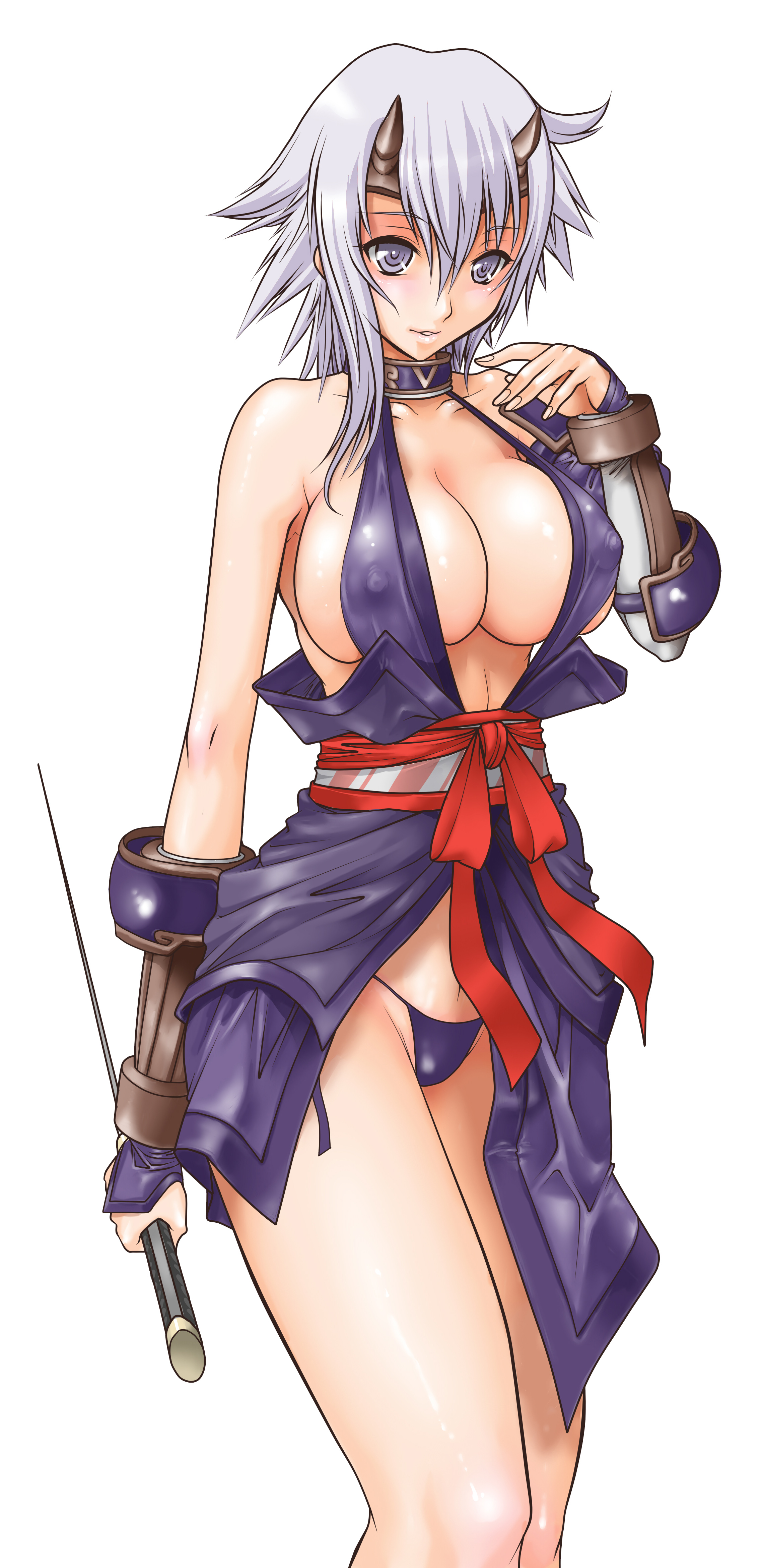 juubaori mashumaro, shizuka (queen's blade), queen's blade, absurdres, highres, long image, tall image, 00s, 1girl, blue panties, breasts, cleavage, covered erect nipples, female focus, g-string, grey eyes, horns, huge breasts, large breasts, legs, long legs, ninja, no bra, panties, revealing clothes, solo, sword, thighs, thong, underwear, weapon, white hair