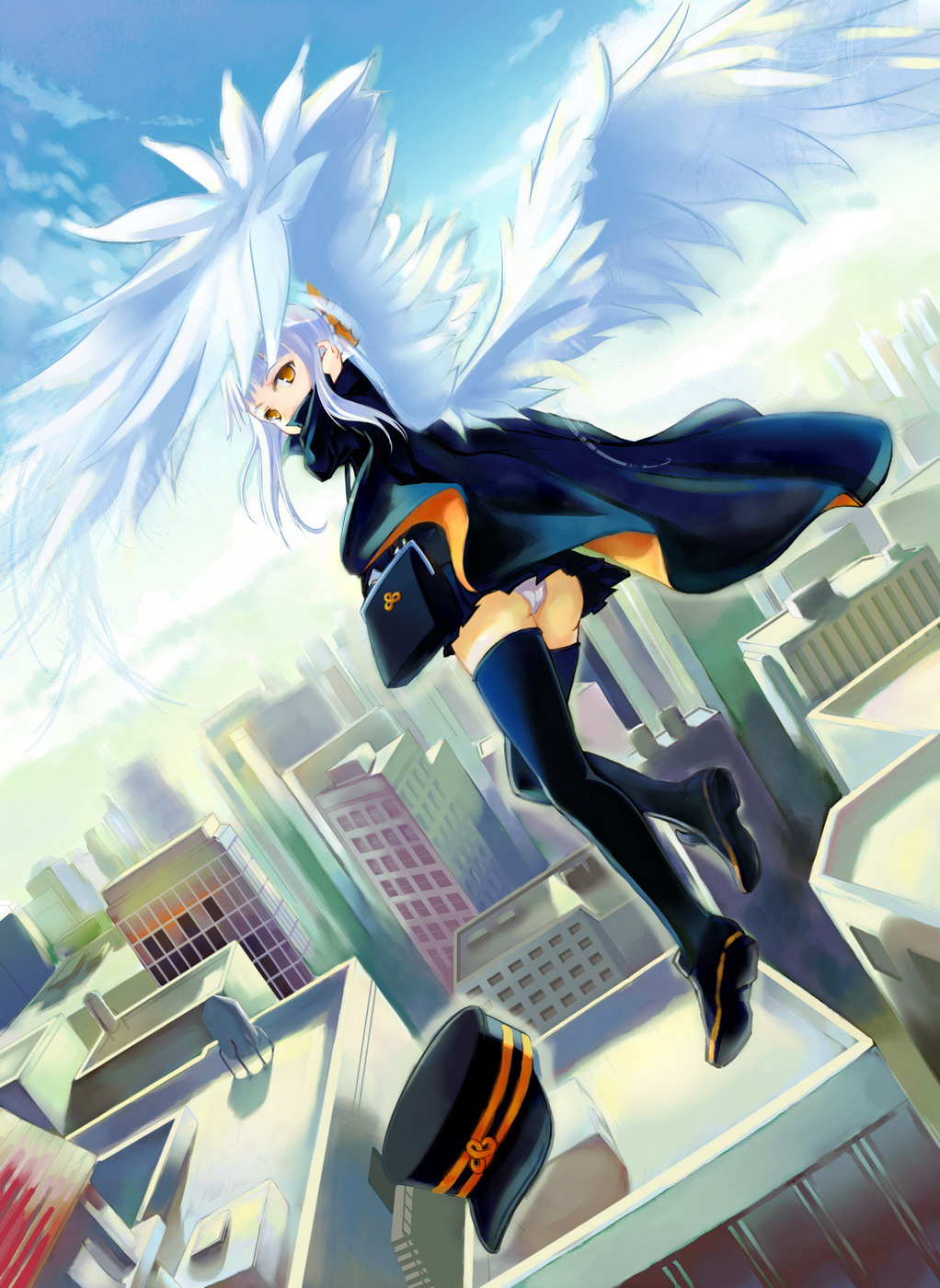 yunohara konomi, fumika, shigofumi, highres, 00s, 1girl, bag, black thighhighs, cape, female focus, from behind, hat, legs, looking back, panties, pleated skirt, satchel, shako cap, skirt, solo, thighhighs, underwear, unworn hat, unworn headwear, white hair, wings, yellow eyes