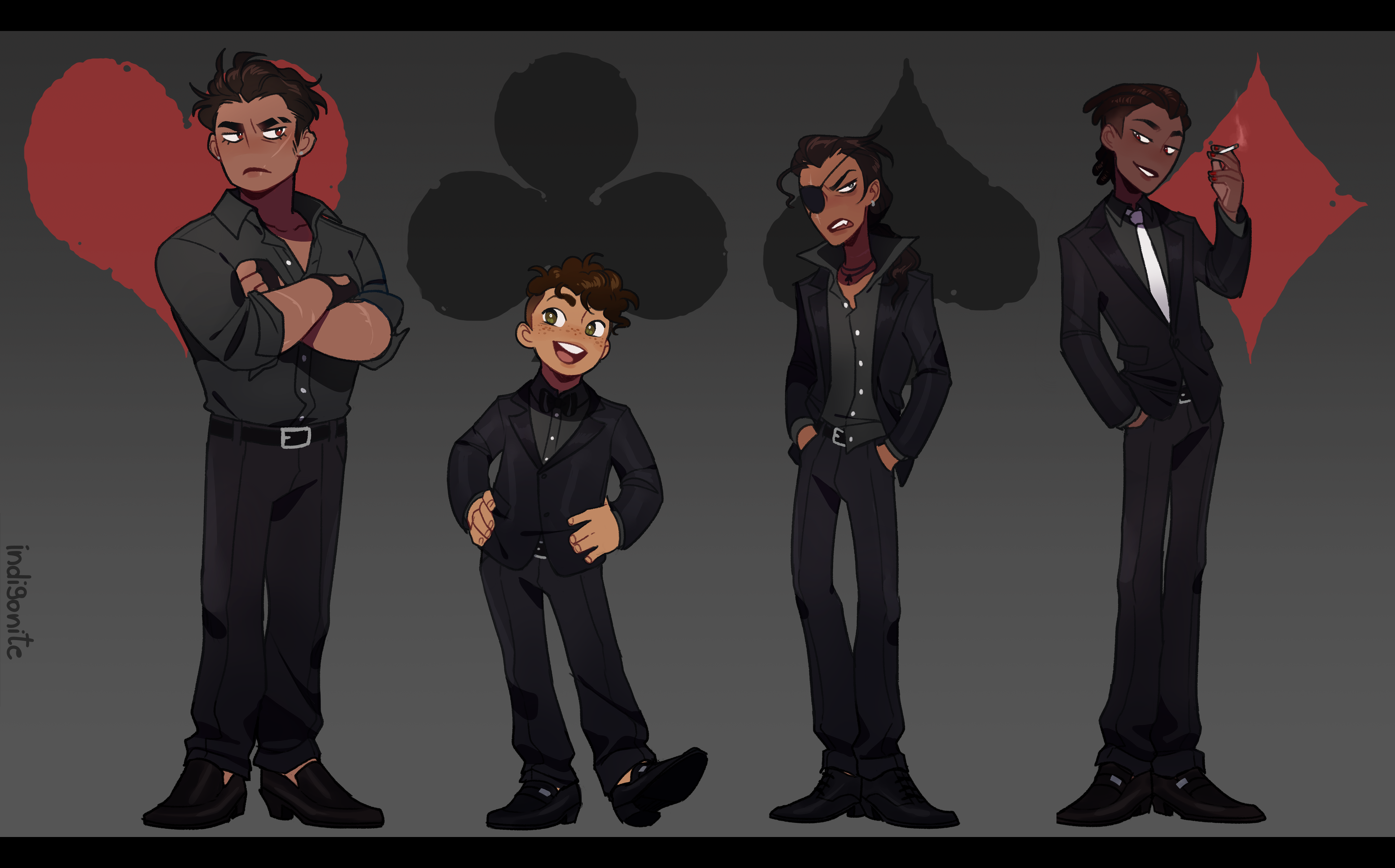 indigonite, homestuck, absurdres, commentary, english commentary, highres, 4boys, artist name, black eyes, black gloves, black hair, black jacket, black pants, brown eyes, brown hair, cigarette, club (shape), clubs deuce, collared shirt, crossed arms, dark-skinned male, dark skin, diamond (shape), diamonds droog, dreadlocks, earrings, eyepatch, fang, fingerless gloves, formal clothes, freckles, frown, full body, gloves, grey background, hand in pocket, hands on own hips, heart, hearts boxcars, humanization, humanized skin color, jacket, jewelry, letterboxed, long sleeves, looking at viewer, male focus, multiple boys, necklace, necktie, open mouth, pants, red eyes, red nails, shirt, shoes, short hair, simple background, smile, smoking, spade (shape), spades slick, standing, suit, undercut, white necktie