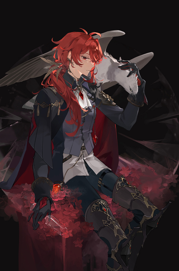 mochuuuuuuu, diluc (genshin impact), genshin impact, commentary request, 1boy, antenna hair, ascot, bird, black gloves, boots, closed mouth, gloves, grey vest, hair between eyes, hawk, jacket, long hair, long sleeves, low ponytail, male focus, ponytail, red eyes, red hair, vest, white ascot