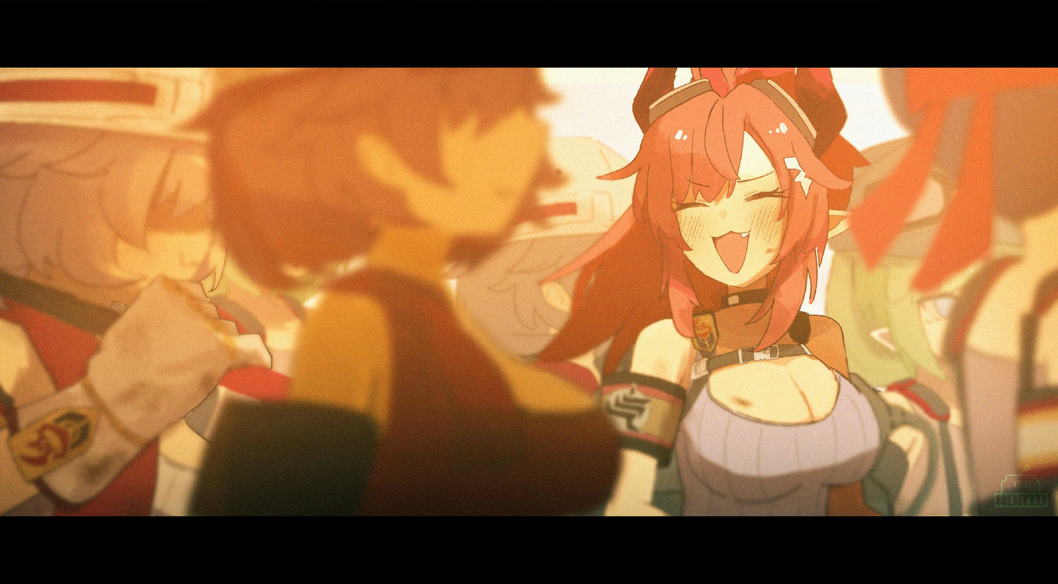 norio (norio386), absurdres, character request, copyright request, highres, 6+girls, arms at sides, artist logo, artist name, blush, breasts, cleavage, closed eyes, facing viewer, film grain, grey shirt, large breasts, letterboxed, logo, long hair, multiple girls, open mouth, parted bangs, pointy ears, red hair, shirt, sleeveless, sleeveless shirt, smile, solo focus, upper body, watermark