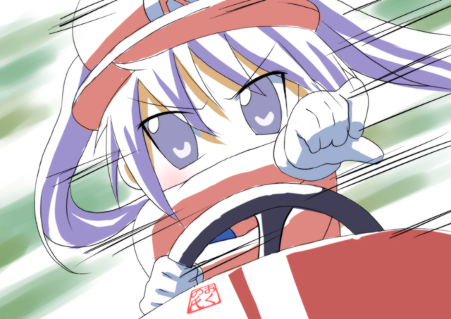 oku no shi, hiiragi kagami, mario, lucky star, mario (series), mario kart, nintendo, light purple hair, bad id, bad pixiv id, 1girl, cosplay, drifting, female focus, hat, mario (cosplay), motion lines, purple eyes, solo, speed lines, steering wheel, twintails