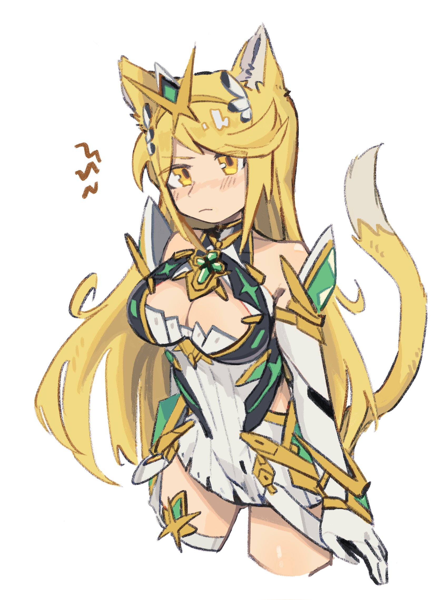 tutai, mythra (xenoblade), xenoblade chronicles (series), xenoblade chronicles 2, commentary request, highres, 1girl, animal ears, bare shoulders, blonde hair, breasts, cat ears, cat girl, cat tail, cleavage, cleavage cutout, closed mouth, clothing cutout, dress, elbow gloves, gloves, long hair, looking at viewer, solo, tail, very long hair, white background, white dress, white gloves, yellow eyes