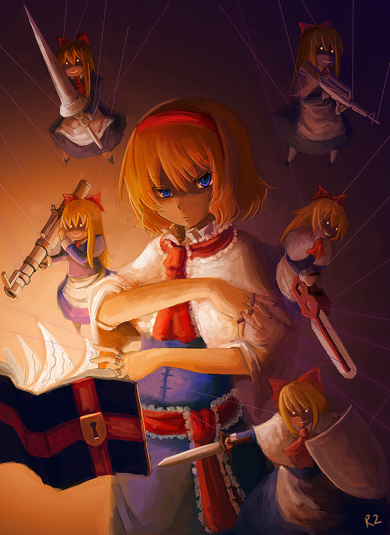 r2sais, alice margatroid, shanghai doll, touhou, bad id, bad pixiv id, 6+girls, blonde hair, blue eyes, book, chainsaw, doll, female focus, gradient background, gun, hairband, lance, long hair, multiple girls, polearm, shield, short hair, solo, standing, string, sword, weapon