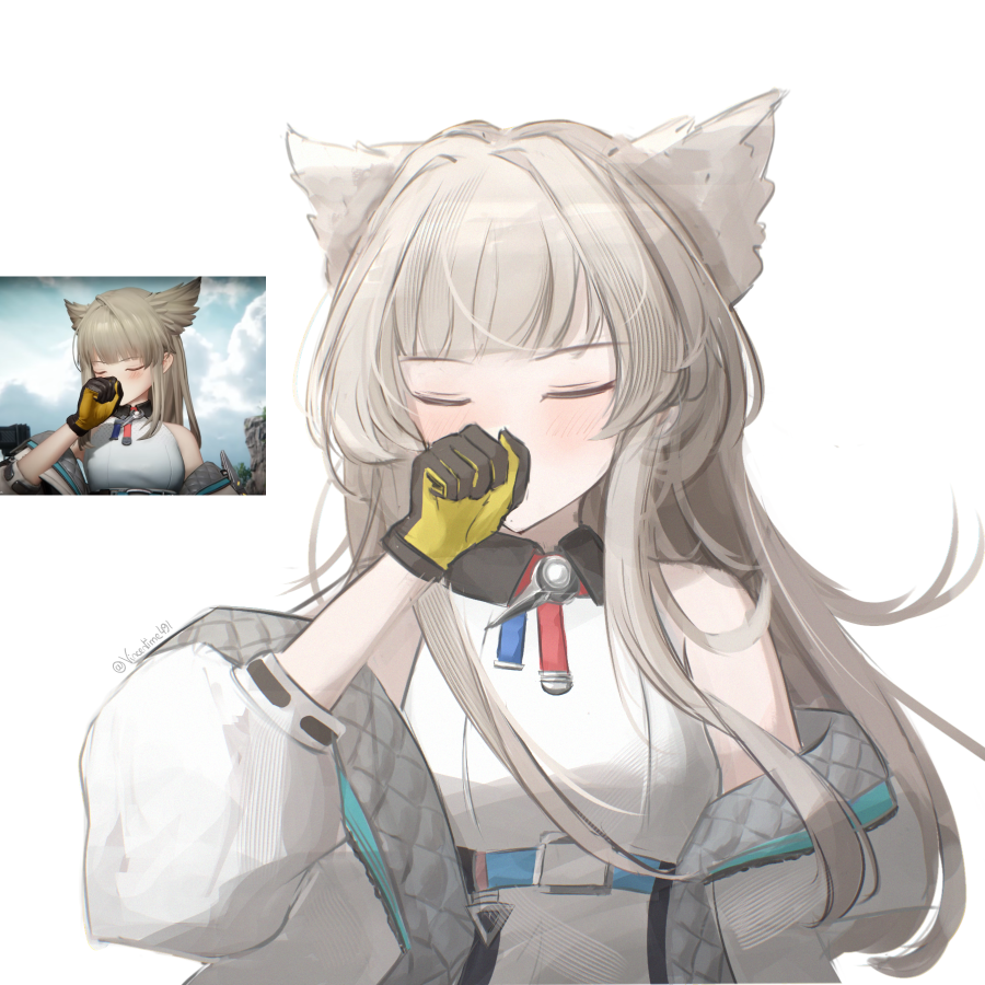 vincentime, perlica (arknights), arknights, arknights: endfield, commentary, 1girl, animal ears, aqua jacket, bare shoulders, bird ears, bird girl, black gloves, blush, closed eyes, covered mouth, covering own mouth, game screenshot inset, gloves, grey hair, grey jacket, hand over own mouth, hand up, jacket, long hair, long sidelocks, multicolored gloves, multicolored jacket, off shoulder, reference inset, shirt, sidelocks, simple background, sleeveless, sleeveless shirt, solo, twitter username, two-tone gloves, two-tone jacket, upper body, white background, white shirt, yellow gloves