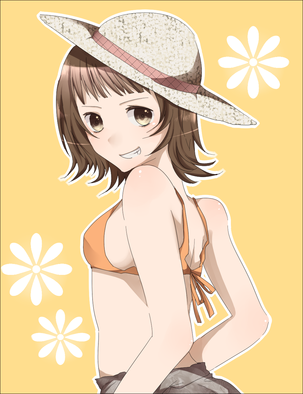 koko (artist), koko (kotobutyann), amami haruka, idolmaster, idolmaster (classic), bad id, bad pixiv id, highres, 00s, 1girl, alternate eye color, bare shoulders, bikini, bikini top only, brown eyes, brown hair, female focus, grin, hat, looking back, orange bikini, smile, solo, swimsuit