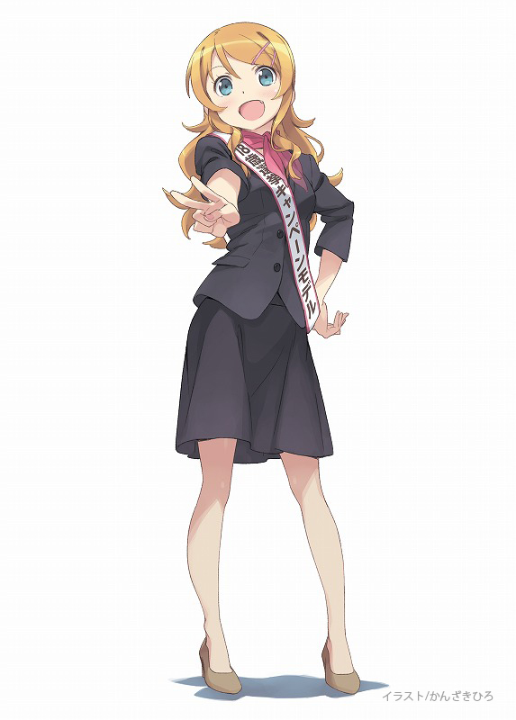 kanzaki hiro, kousaka kirino, ore no imouto ga konna ni kawaii wake ga nai, commentary request, official art, translation request, 1girl, black jacket, black skirt, blue eyes, brown shoes, copyright notice, full body, hair ornament, hairclip, hand on own hip, high heels, jacket, long hair, looking at viewer, open mouth, orange hair, sash, shoes, simple background, skirt, smile, solo, standing, v, white background