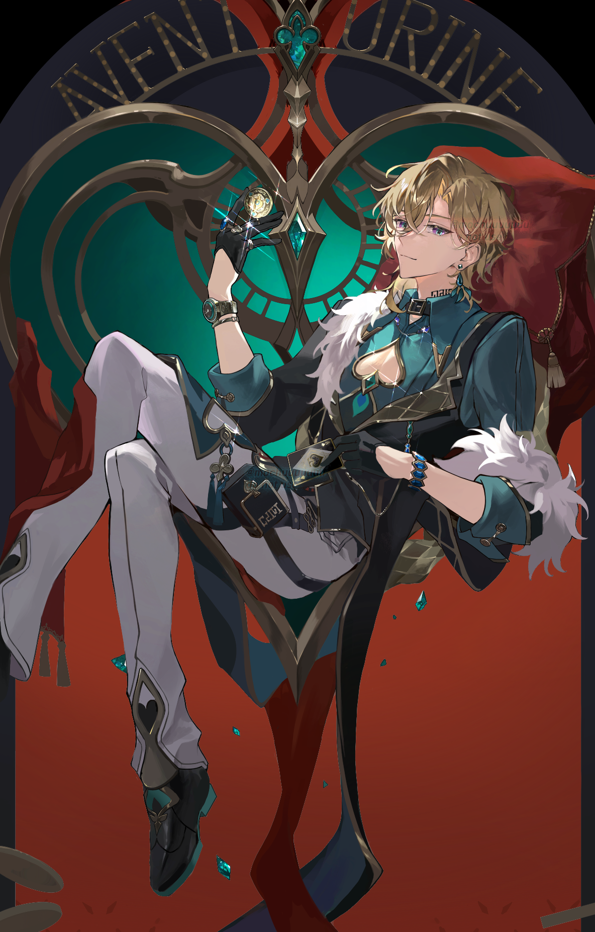 mochuuuuuuu, aventurine (honkai: star rail), honkai: star rail, honkai (series), commentary request, highres, 1boy, aqua shirt, black gloves, blonde hair, clothing cutout, collared shirt, earrings, fur-trimmed jacket, fur trim, gloves, hair between eyes, holding, jacket, jewelry, looking at viewer, male focus, multicolored eyes, neck tattoo, pants, pectoral cleavage, pectorals, poker chip, shirt, short hair, smile, solo, spade cutout, tattoo, two-tone eyes, watch, white pants, wristwatch