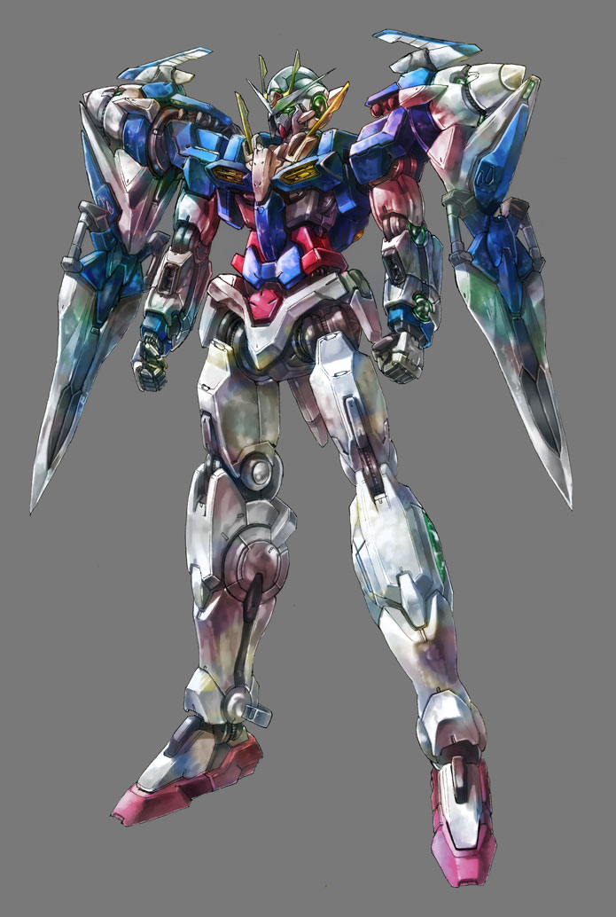 retsujin, 00 gundam, gundam, gundam 00, 00s, arms at sides, clenched hands, glowing, glowing eyes, green eyes, grey background, mecha, no humans, robot, simple background, solo, sword, weapon