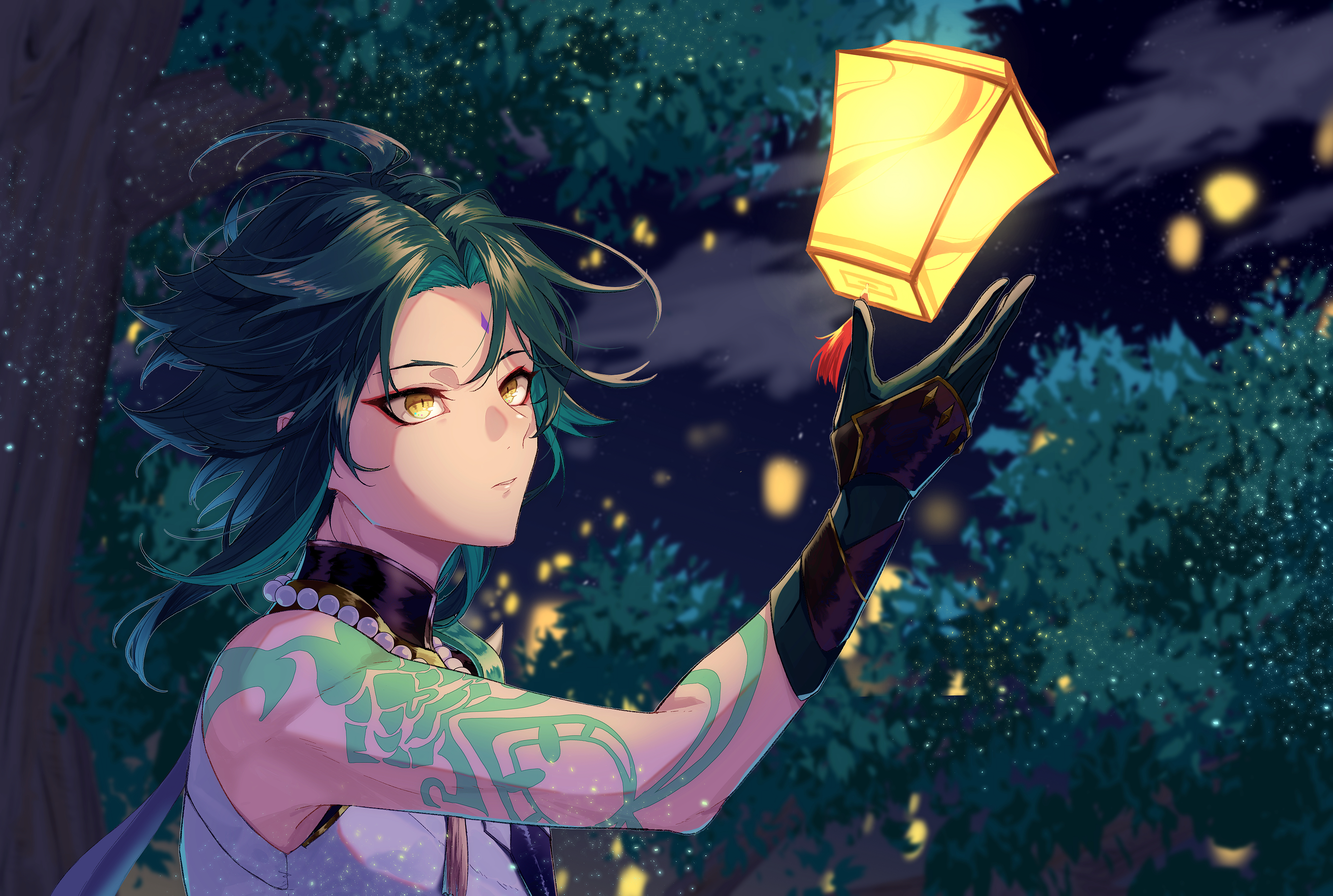 fuka (hk nemo), xiao (genshin impact), genshin impact, absurdres, commentary request, highres, 1boy, arm tattoo, black gloves, bush, closed mouth, facial mark, forehead mark, gloves, green hair, grey hair, lantern, male focus, night, outdoors, outstretched arm, paper lantern, shoulder tattoo, solo, tattoo, yellow eyes