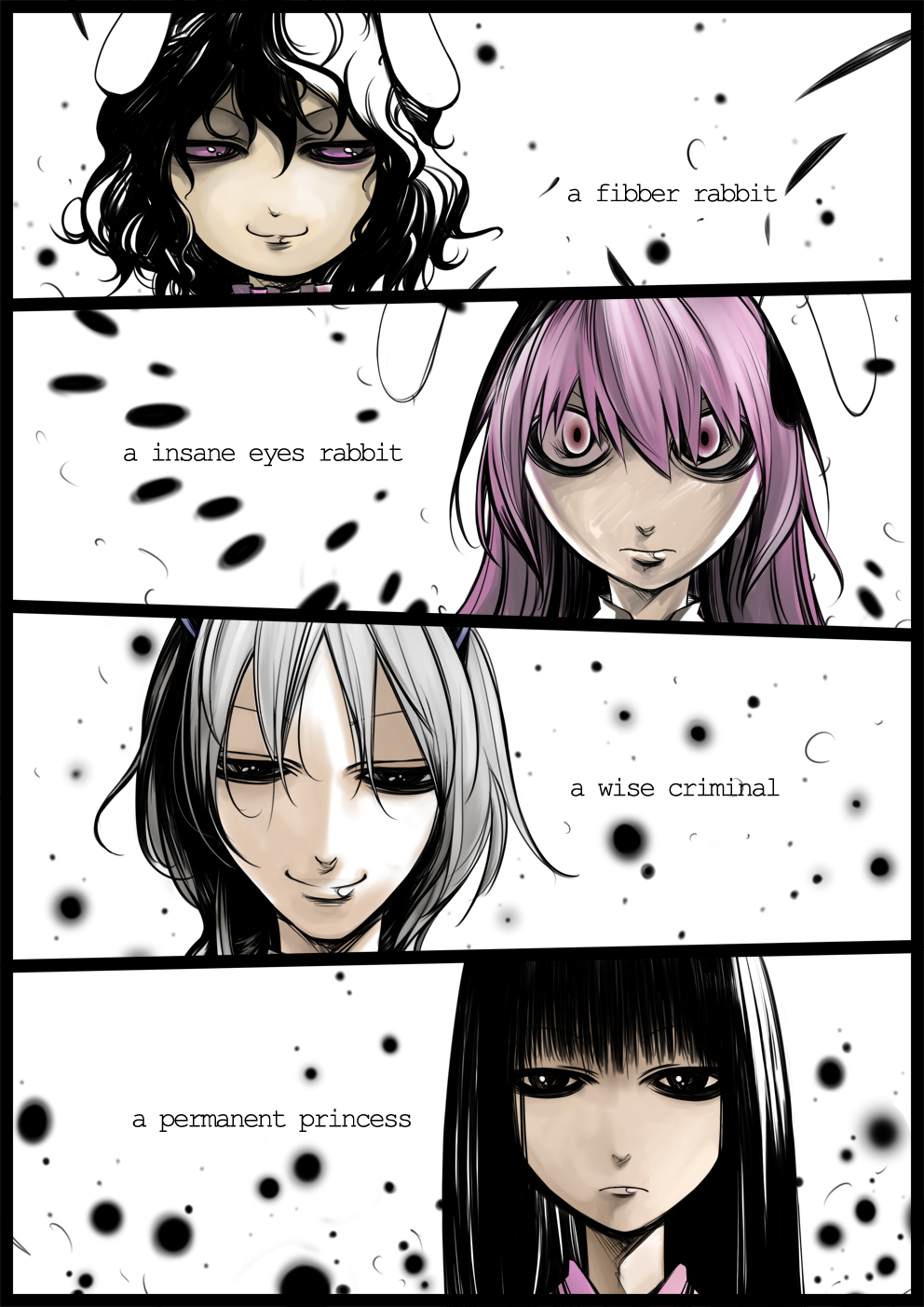 tokomichi, houraisan kaguya, inaba tewi, reisen udongein inaba, yagokoro eirin, touhou, silver hair, bad id, bad pixiv id, highres, 4girls, animal ears, black eyes, black hair, female focus, multiple girls, purple eyes, purple hair, rabbit ears, typo