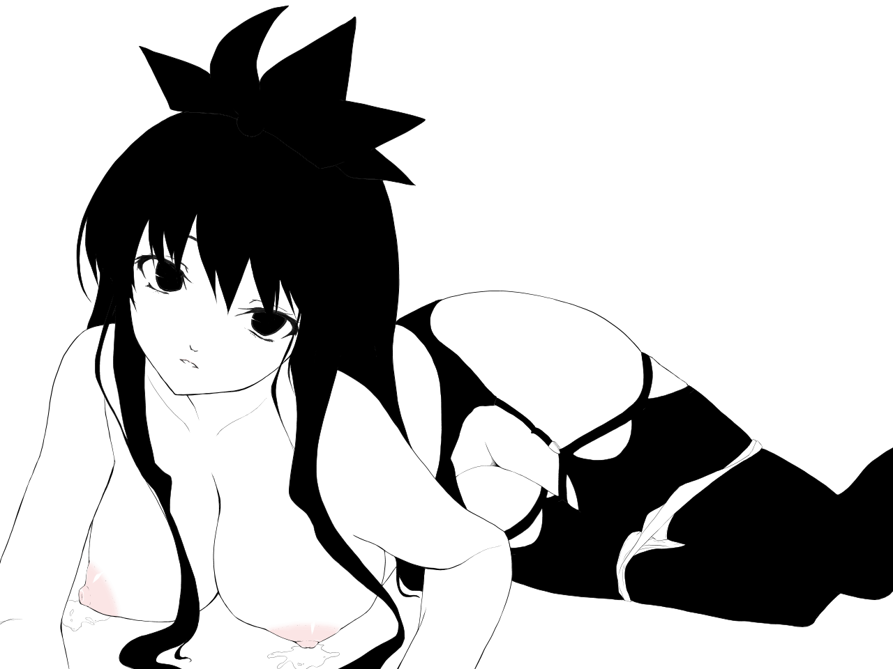 kuku px, kamishirasawa keine, touhou, 1girl, breasts, female focus, greyscale, lactation, lingerie, monochrome, panties, panty pull, solo, thighhighs, topless female, underwear, white panties