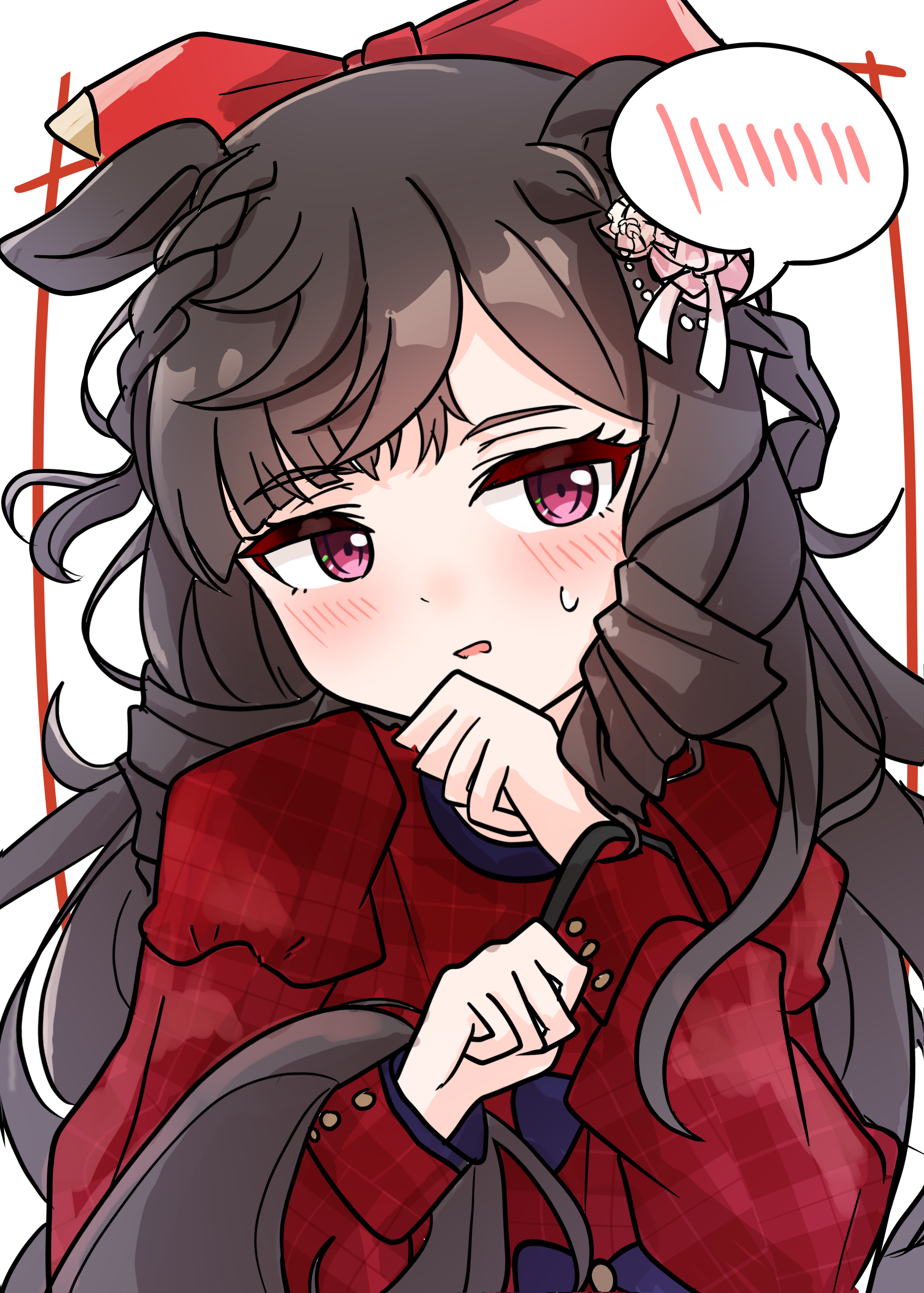 arnolddayo, daiichi ruby (umamusume), umamusume, absurdres, commentary request, highres, 1girl, alternate costume, animal ears, black hair, blush, breasts, casual, drill hair, horse ears, horse girl, long hair, looking at viewer, open mouth, purple eyes, simple background, solo, sweatdrop, white background