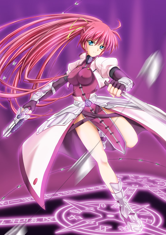 laevatein (nanoha), signum, lyrical nanoha, mahou shoujo lyrical nanoha, mahou shoujo lyrical nanoha a's, non-web source, 00s, 1girl, blue eyes, breasts, female focus, full body, long hair, magic circle, pink hair, ponytail, solo, standing, standing on magic circle, sword, waist cape, weapon, whip, whip sword